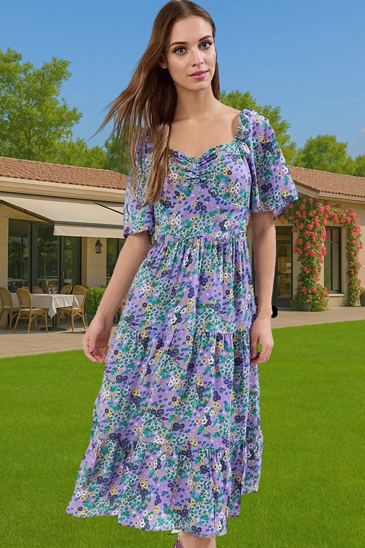 Yazlık A Kesim Balon Kollu Çiçek Desenli Midi Viskoz Elbise Günlük Kullanım İçin Trend Tasarım