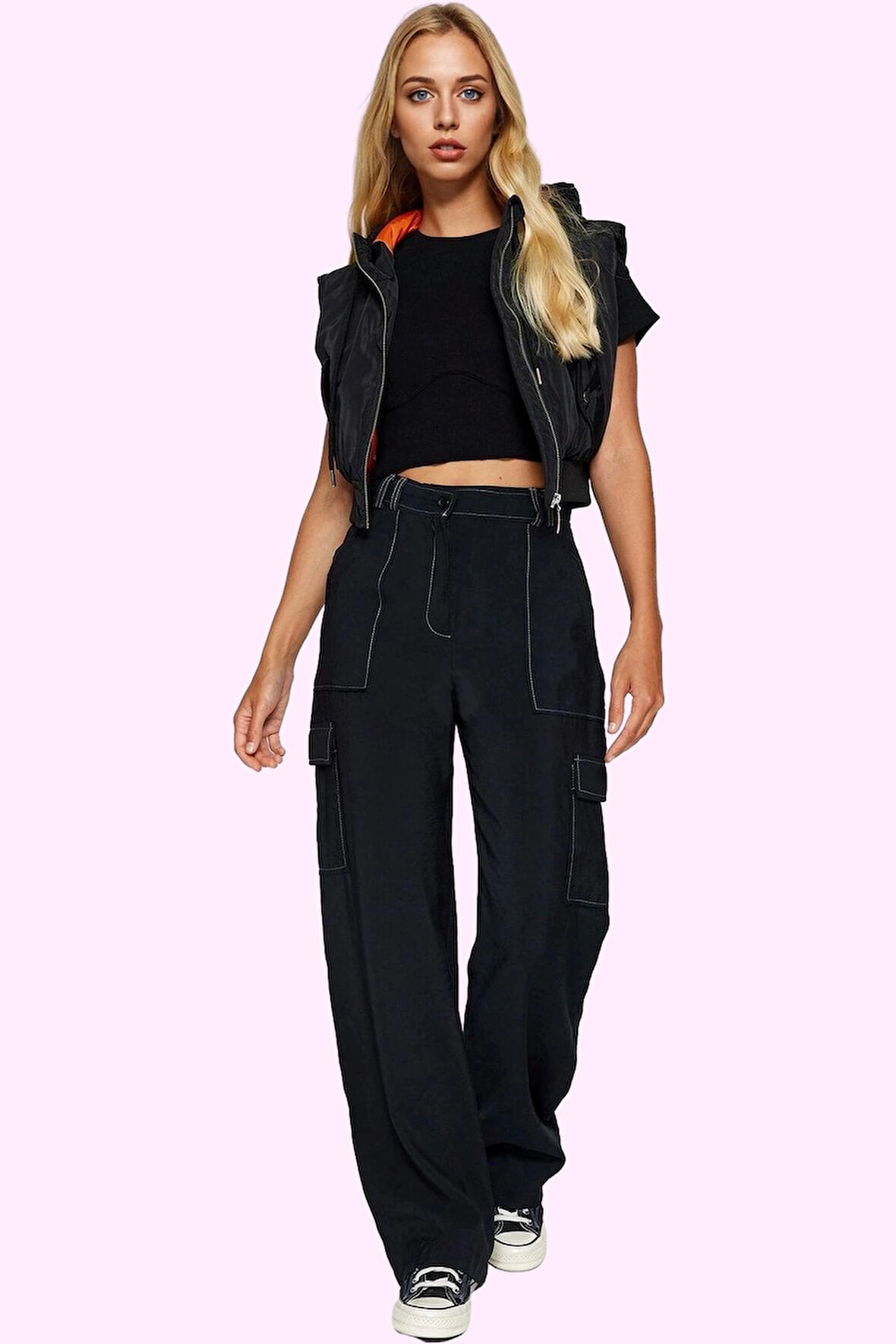 Kadın Yüksek Bel Geniş Paça Kargo Pantolon Düz Desenli Aerobin Dokuma Günlük Kullanım Hafta Sonu