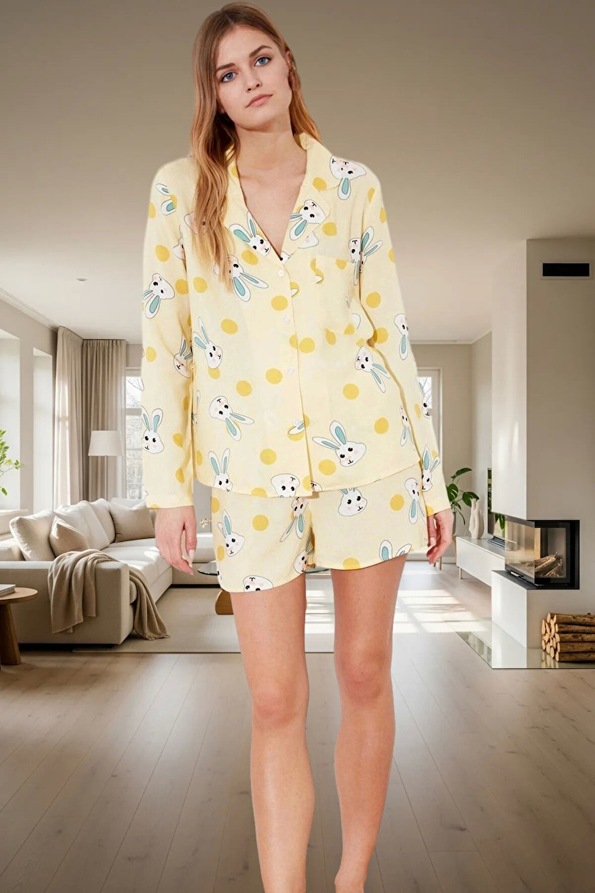 Kadın Tavşan Desenli Viskon Pijama Takımı Şortlu Düğmeli Regular Kalıp Rahat Ev Giyim Şık Görünüm