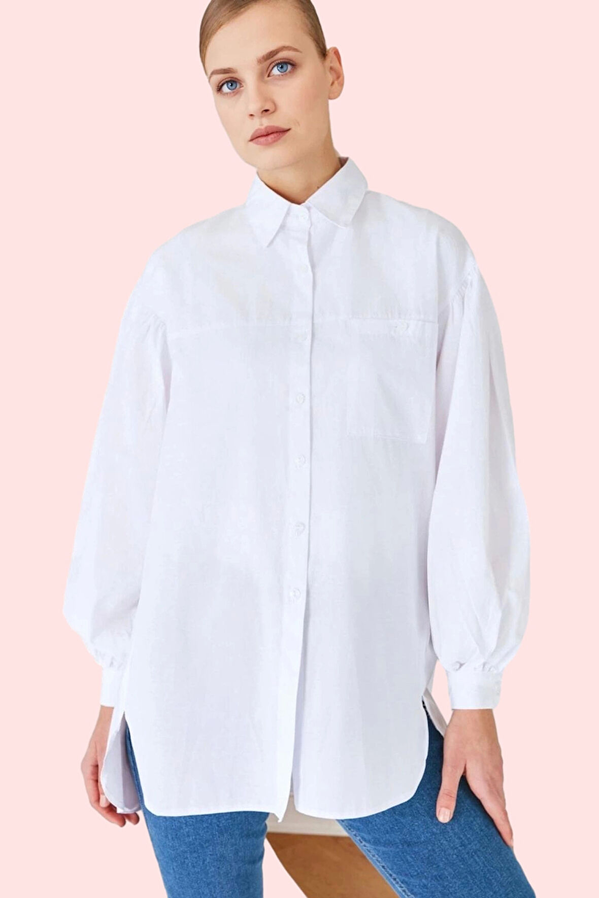 Kadın Balon Kol Uzun Gömlek Düz Desen Basic Relaxed Kalıp Günlük Kullanım Kaliteli Malzeme