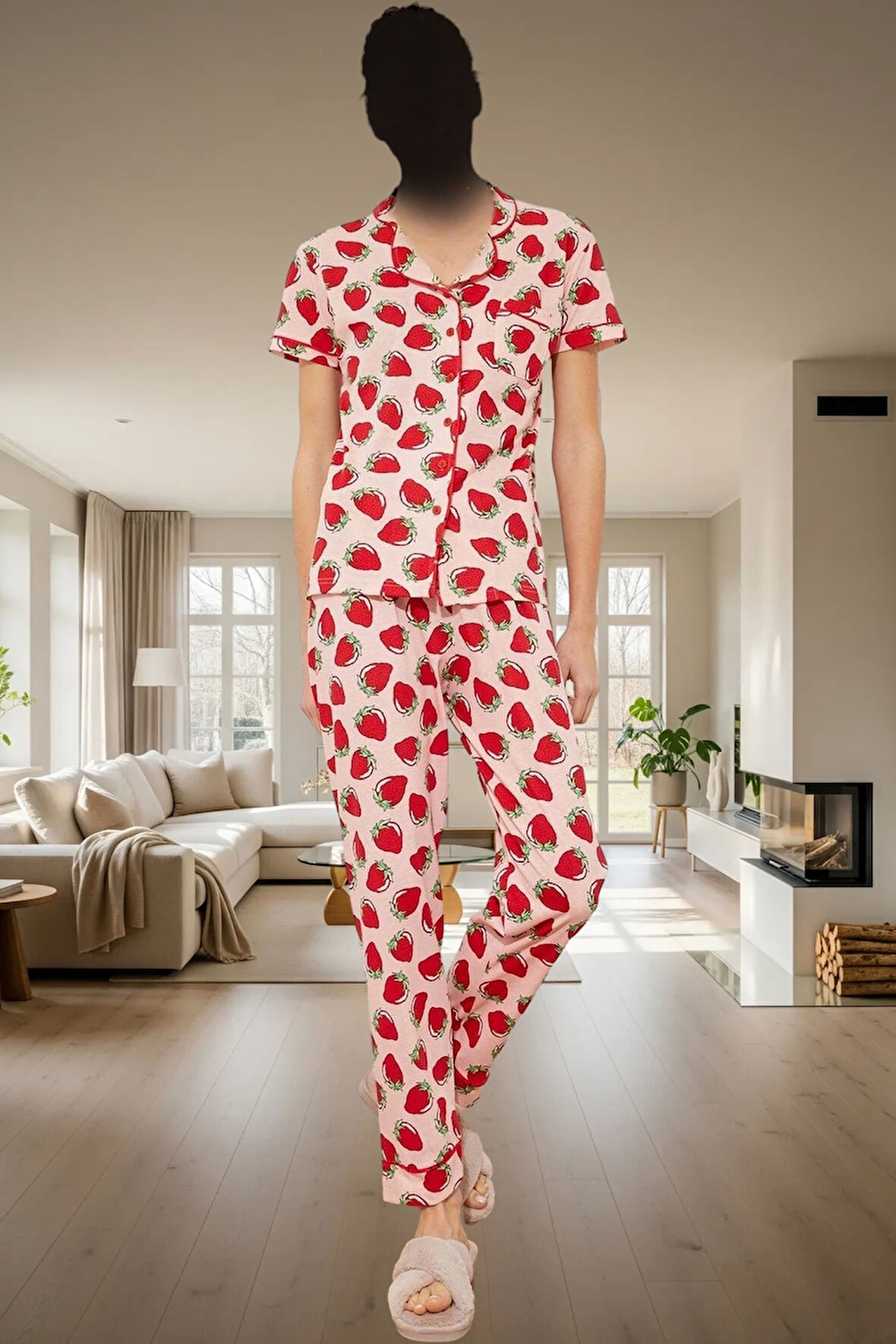 Kadın Çilek Desenli Örme Pijama Takımı Rahat Uyku Seti Dayanıklı Malzeme Uzun Ömürlü