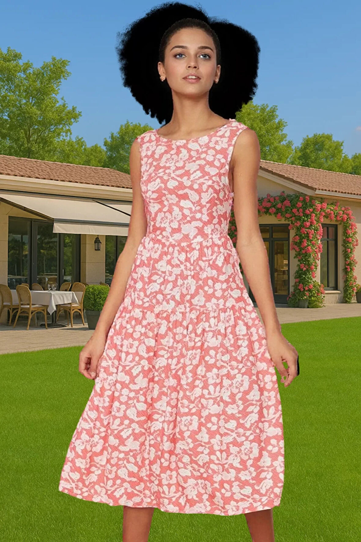 Yazlık Çiçekli Desenli Midi Skater Elbise Viskoz Kumaş Günlük Yüksek Kalite Özenle Seçilmiş