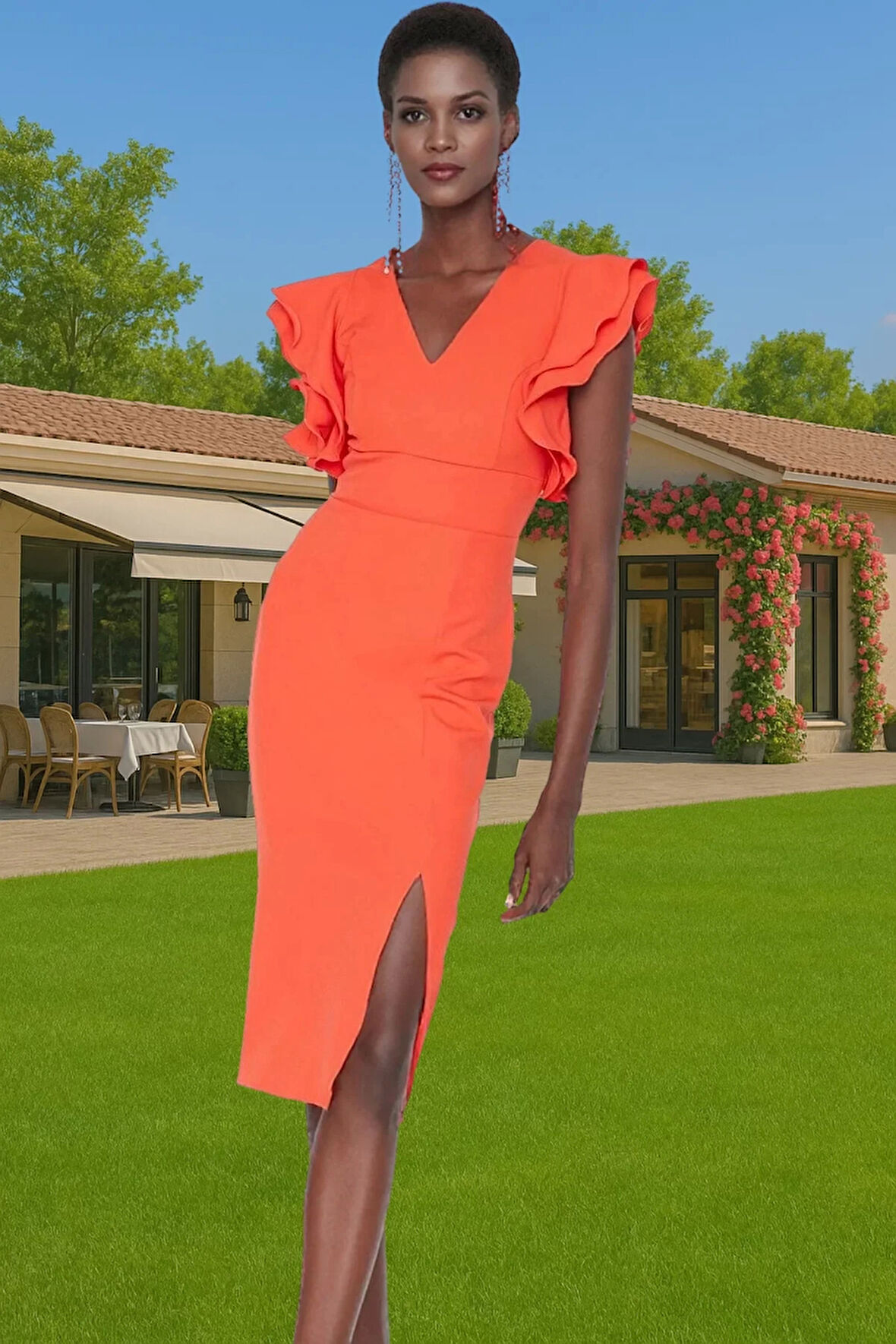 Şık V Yaka Kısa Kollu Finike Dokuma Abiye Elbise Günlük Kullanım İçin Zarifane Tasarım Şık Görünüm