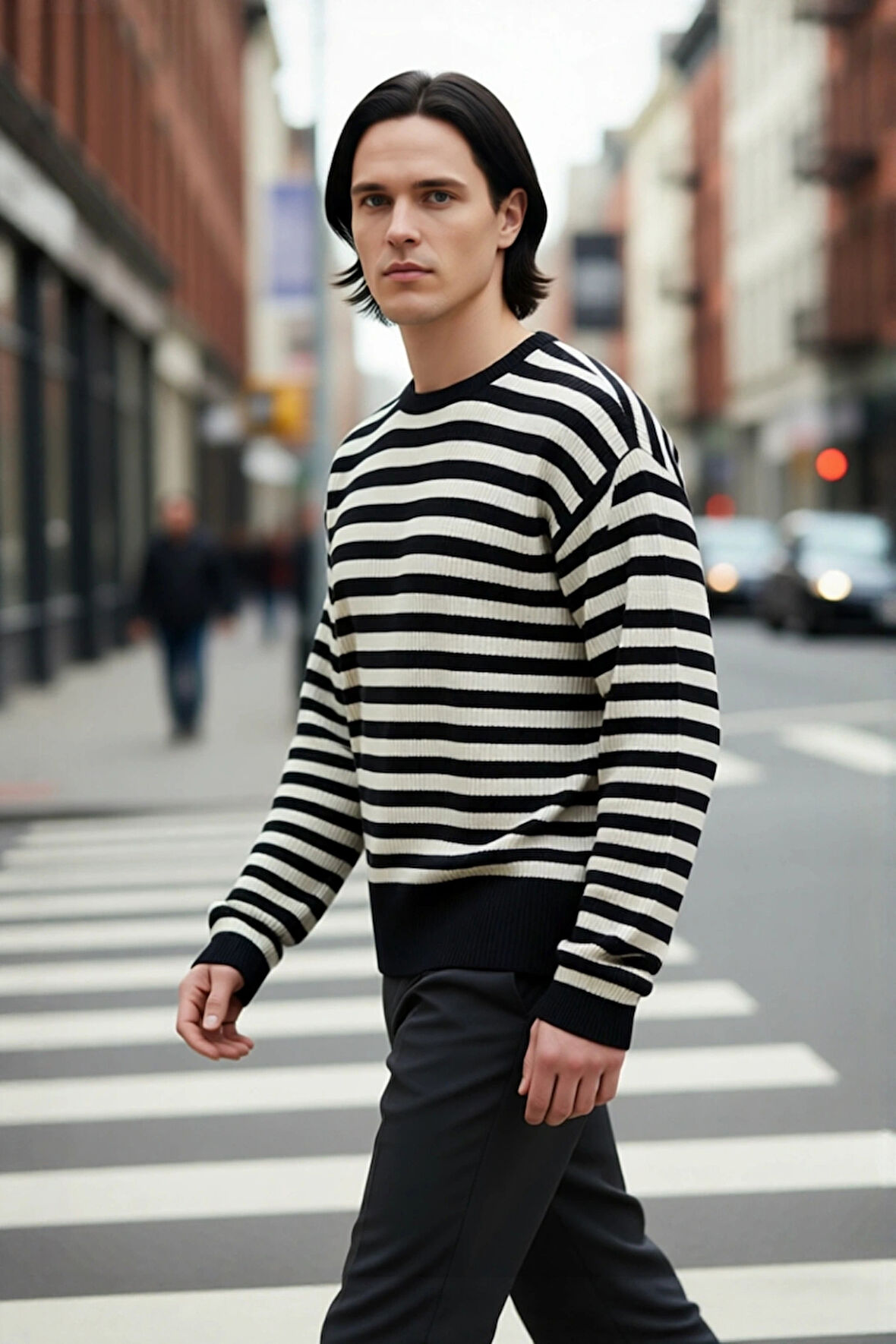 Erkek Oversize Bisiklet Yaka Çizgili Triko Kazak Fitilli Dokuma Uzun Kollu Basic Rahat Kesim