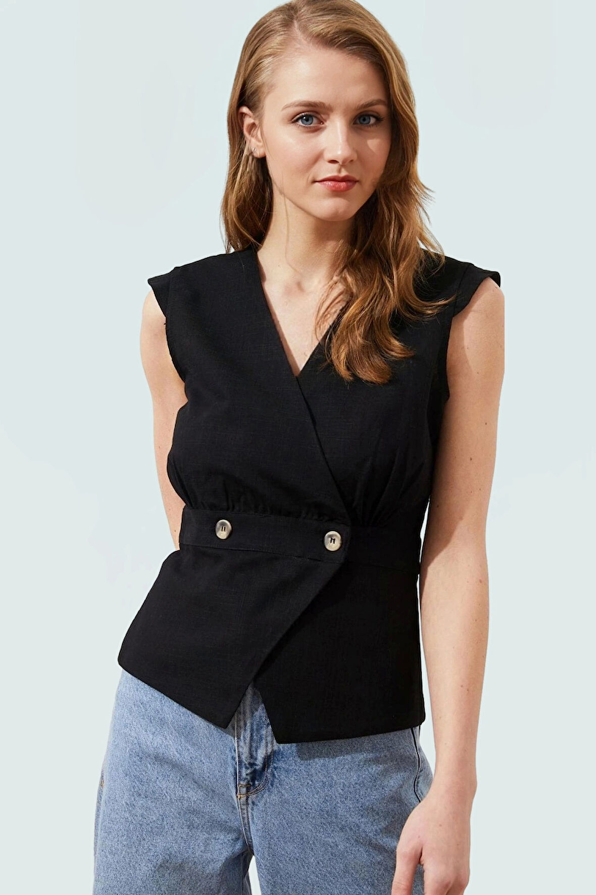 Kadın Keten Görünümlü V Yaka Kolsuz Bluz Pamuklu Yazlık Günlük Seçkin Malzeme Yüksek Kalite