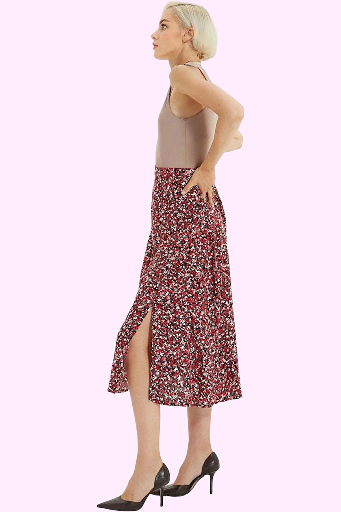 Kadın Çiçek Desenli Midi Etek Yüksek Bel A line Kesim Viskoz Günlük Stil Dayanıklı Malzeme