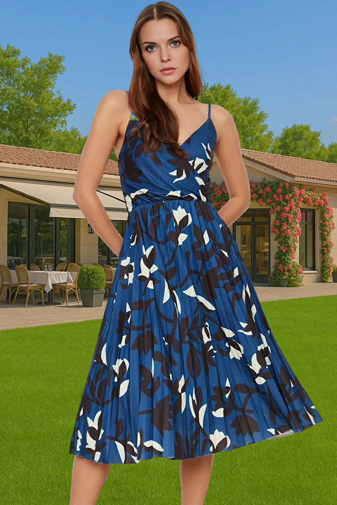 Pileli Midi Elbise Polyester Örme Yazlık Günlük Şık Özenle Seçilmiş Modern Stil Zarifane Tasarım