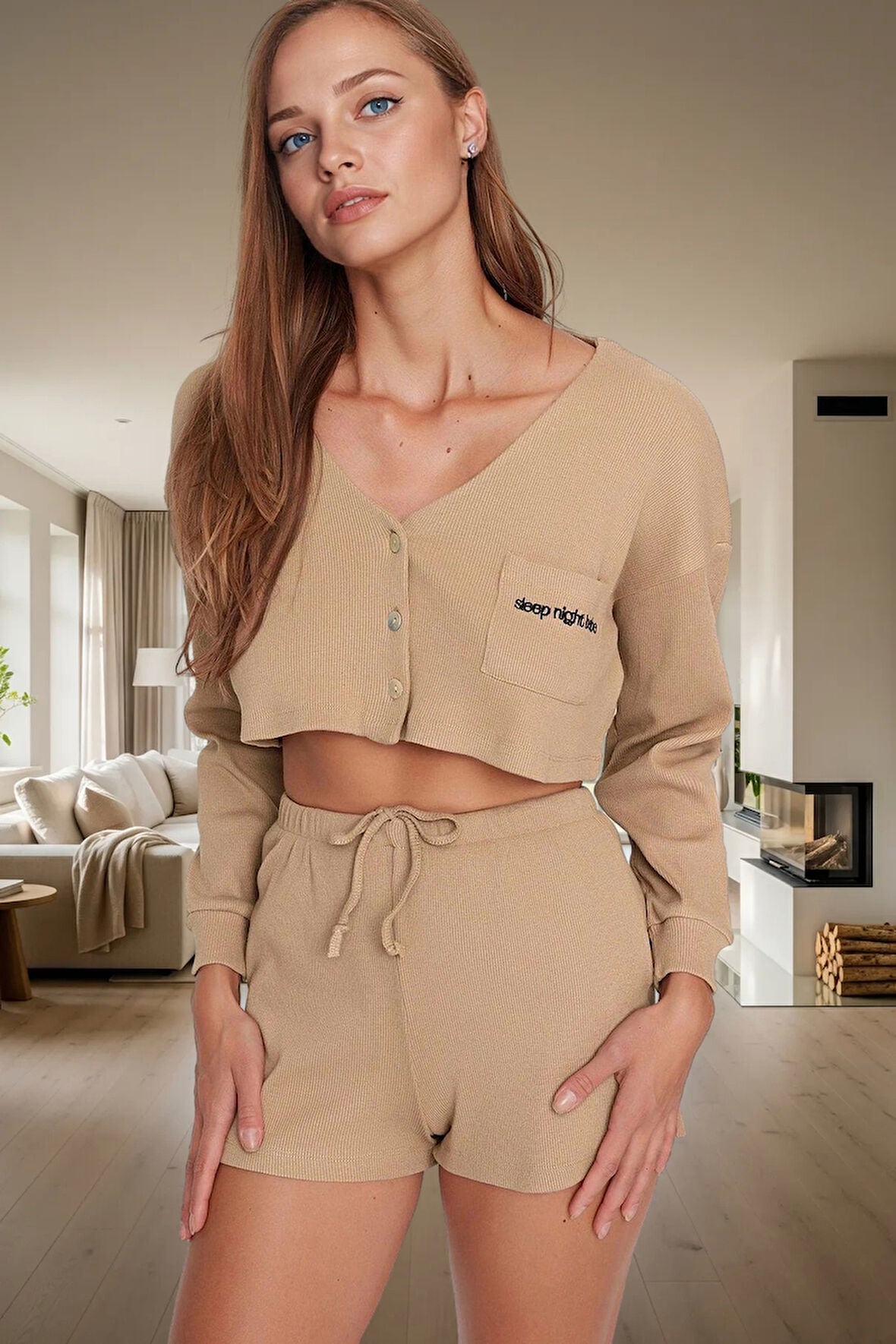 Kadın Örme Pijama Takımı Rahat Kalıp Uzun Kollu Kısa Şort Kullanım Mükemmel Uyum