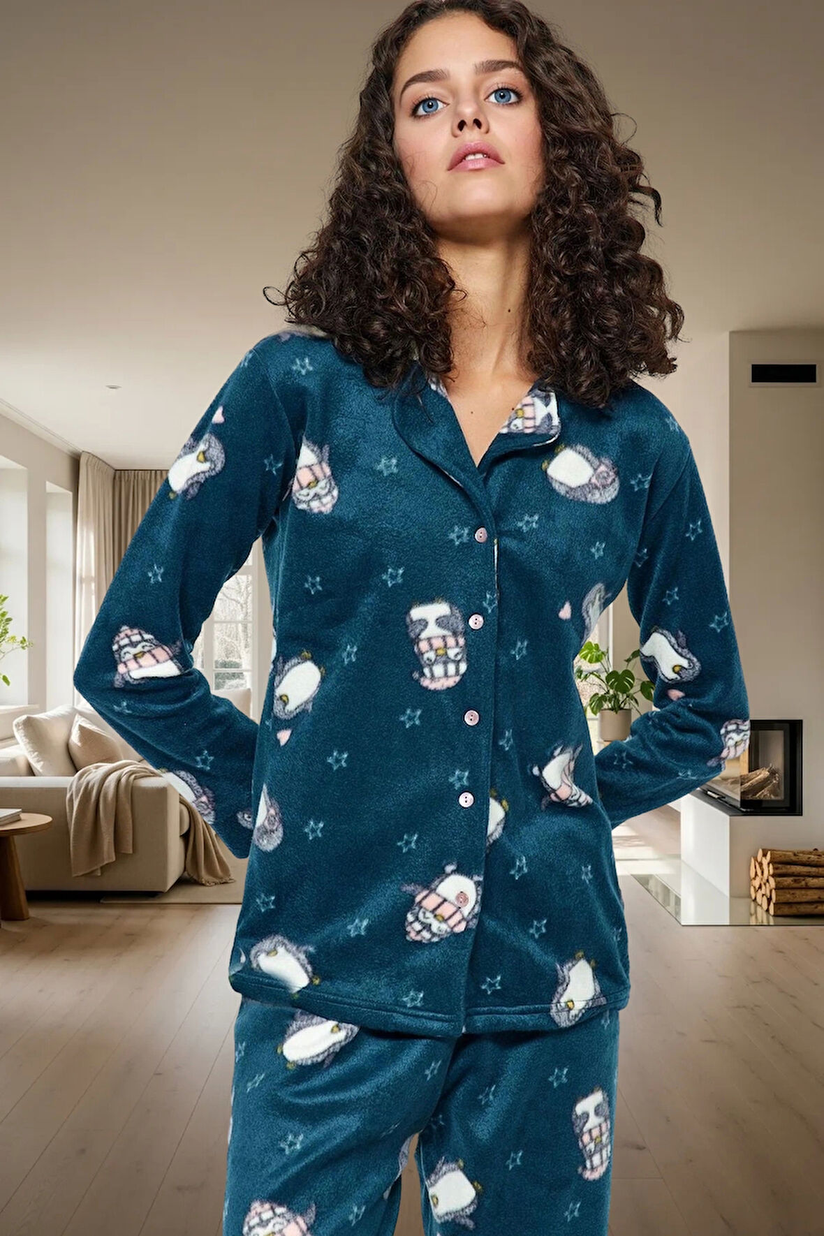 Kadın Kışlık Polar Penguen Desenli Pijama Takımı Rahat Uyku İçin Konforlu Kesim Modern Stil
