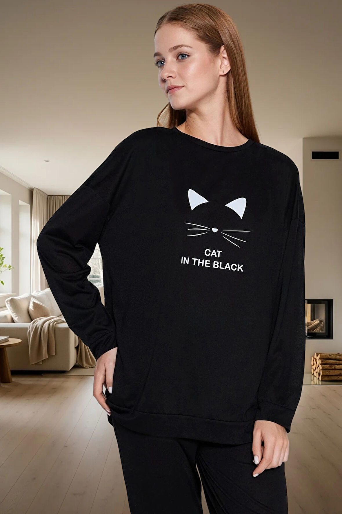 Kadın Baskılı Pijama Takımı Pamuklu Örme Kumaş Rahat Ev Giyim Modern Stil Profesyonel Görünüm