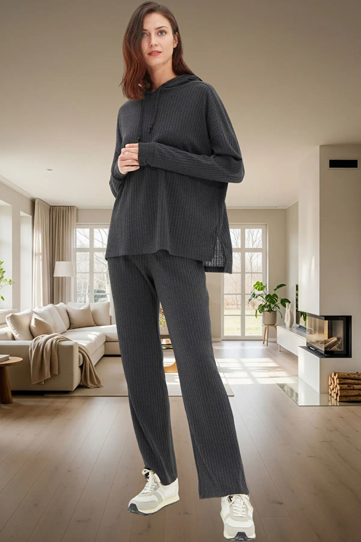 Kadın Kapüşonlu Pijama Takımı Rahat Kalıp Örme Kumaş Dayanıklı Malzeme Trend Tasarım