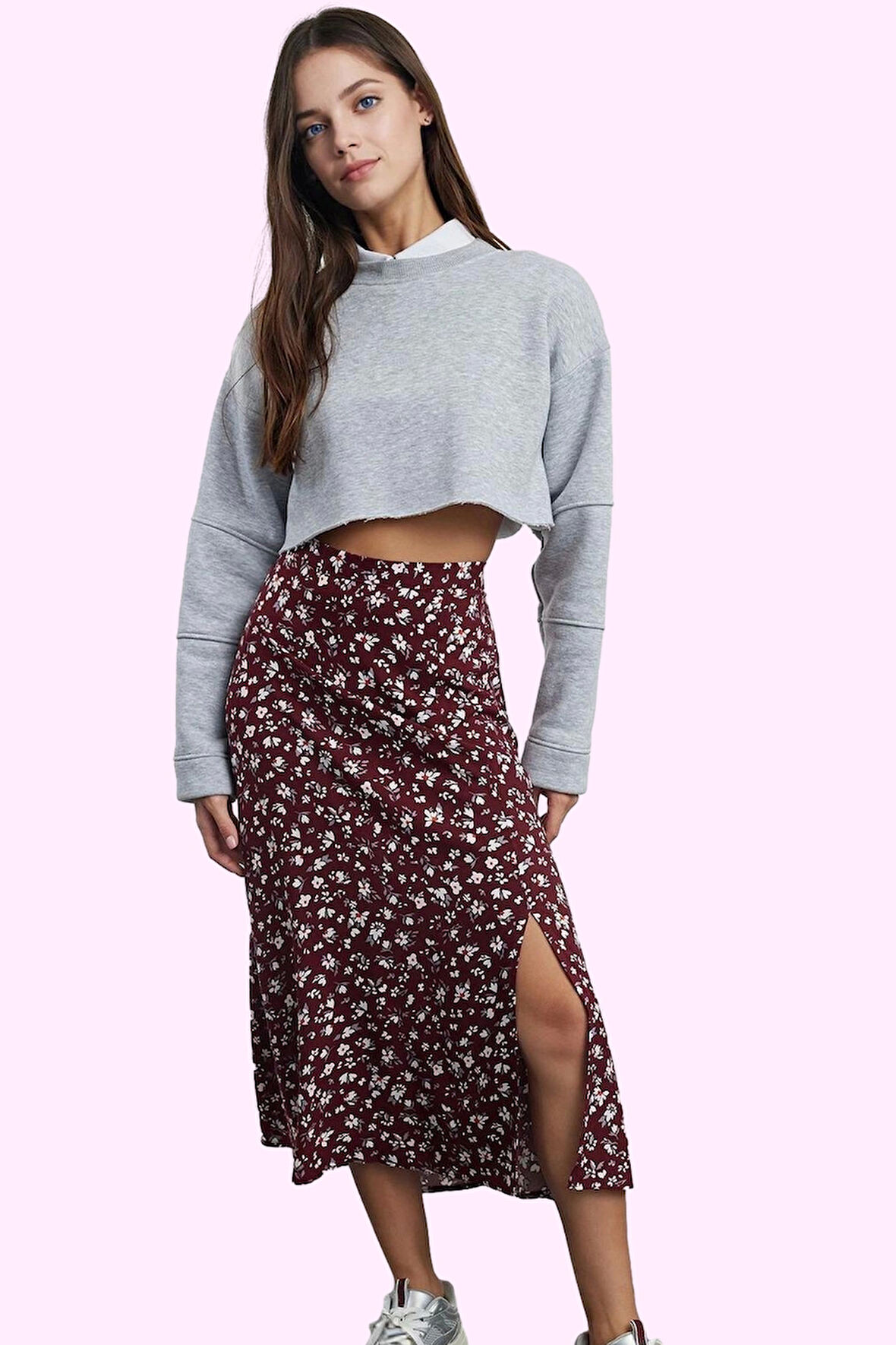 Kadın Çiçek Desenli Midi Etek Yüksek Bel A line Kesim Viskoz Günlük Stil Dayanıklı Malzeme