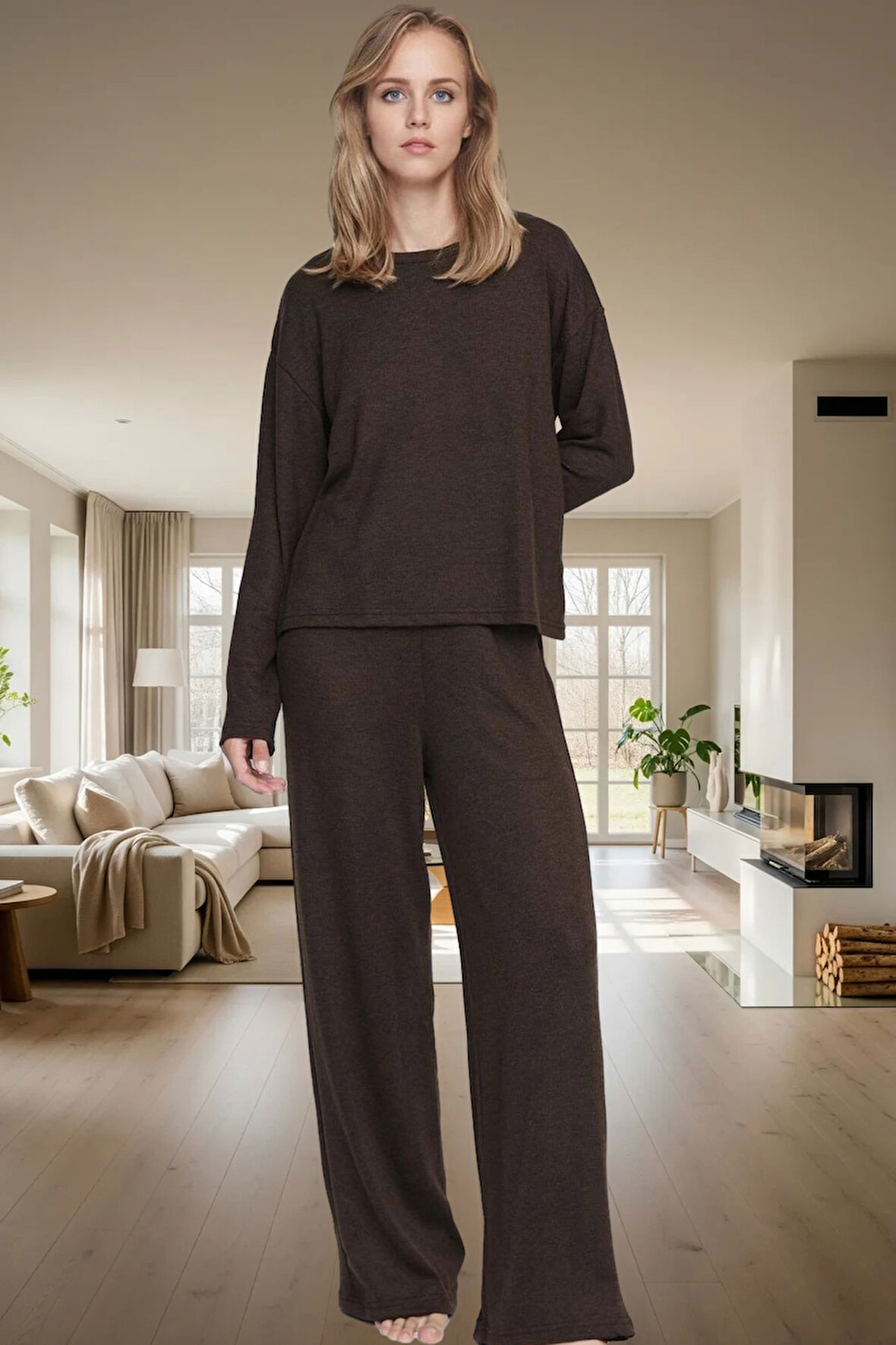 Kadın Kışlık Rahat Kalıp Uzun Paça Polyester Karışımlı Pijama Takımı Zarif Tasarım Yüksek Kalite