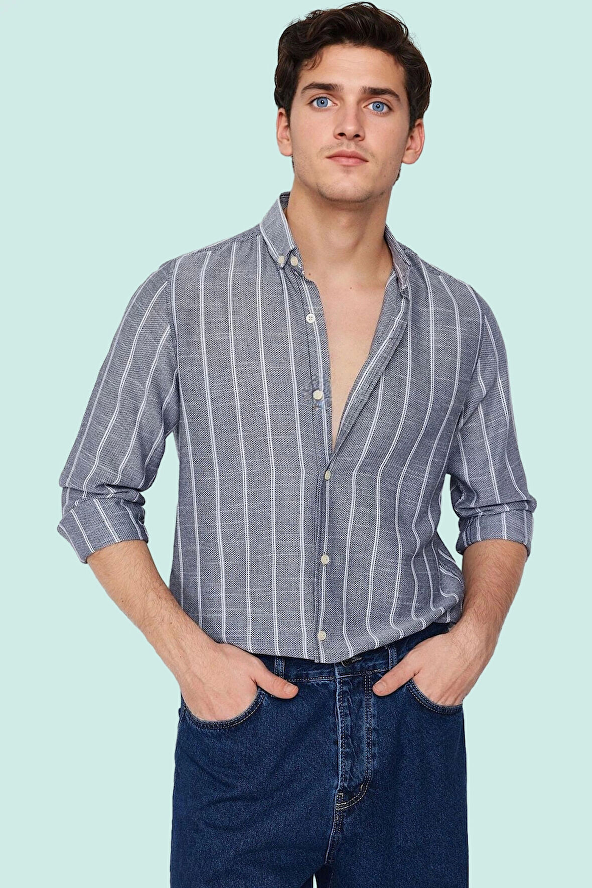 Erkek Slim Fit Çizgili Gömlek Pamuklu İş Ve Günlük Kullanım Hafta Sonu Yaz Aylarının Vazgeçilmezi