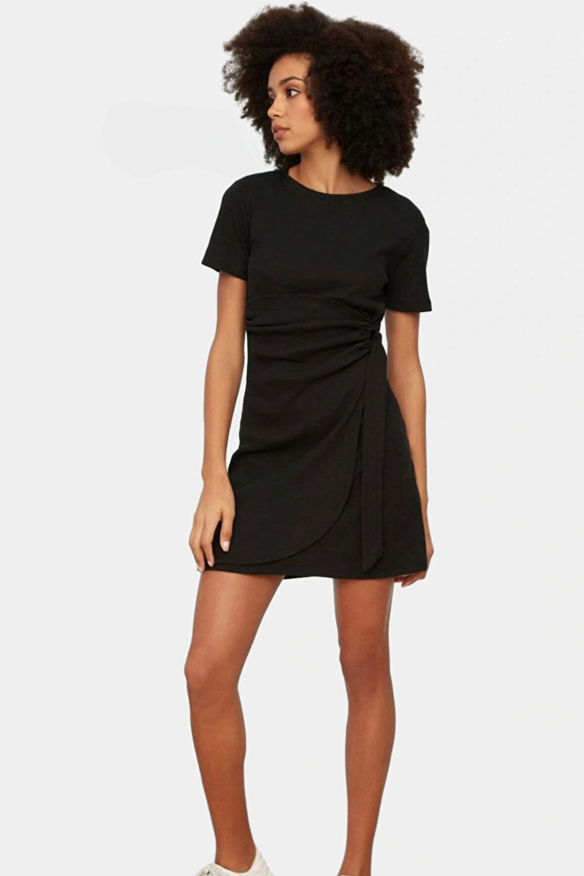 Kadın Mini Bağlama Detaylı Bisiklet Yaka Örme Elbise Profesyonel Görünüm Günlük Kullanım İçin