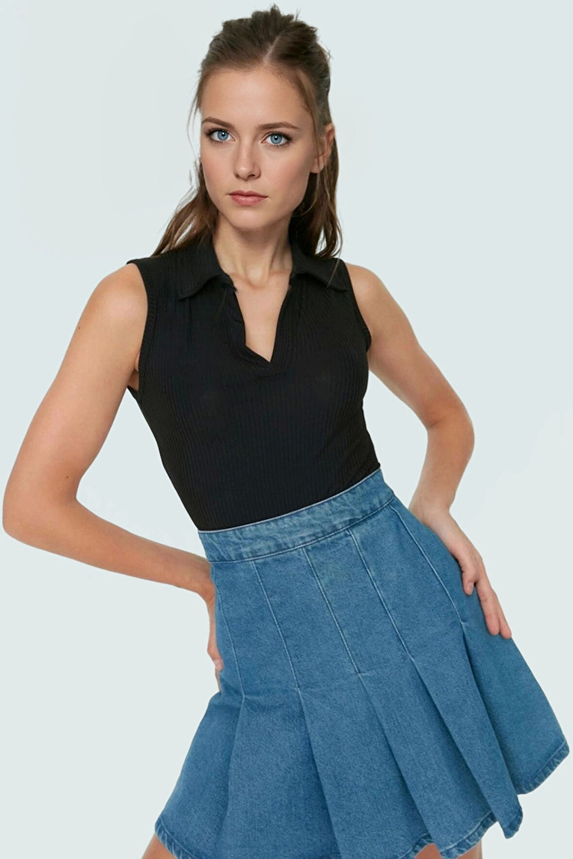 Kadın Polo Yaka Crop Örme Bluz Yazlık Rahat Kombin Trend Tasarım Uzun Ömürlü Kaliteli İşçilik