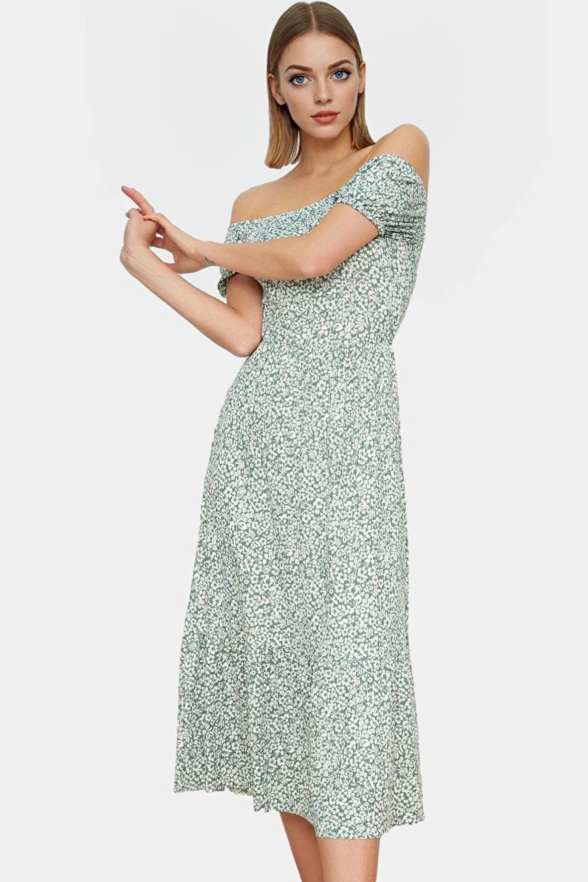 Çiçekli Örme Midi Elbise Kadın Yazlık Kısa Kollu Carmen Yaka Günlük Yüksek Kalite Modern Stil