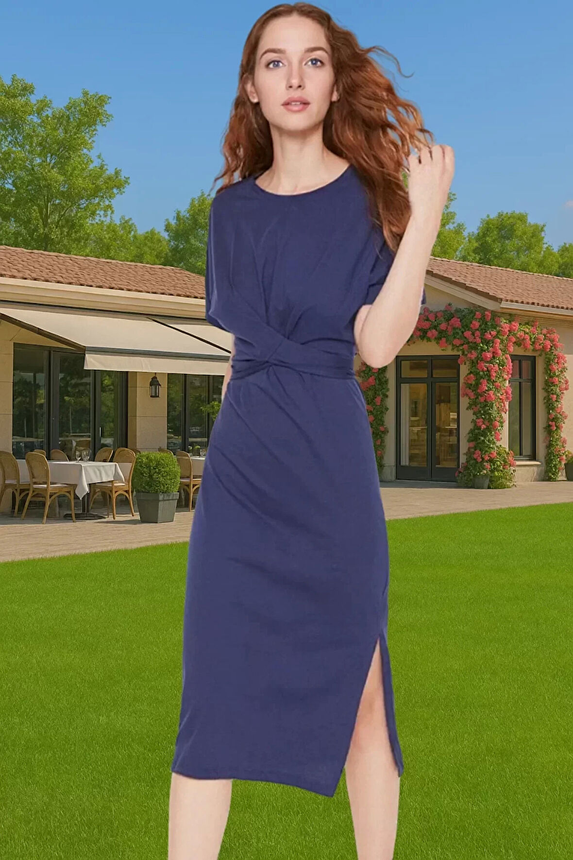 Kadın Midi Boy Örme Pamuk Elbise Bağlama Detaylı Günlük Stil Mükemmel Uyum Özenle Seçilmiş