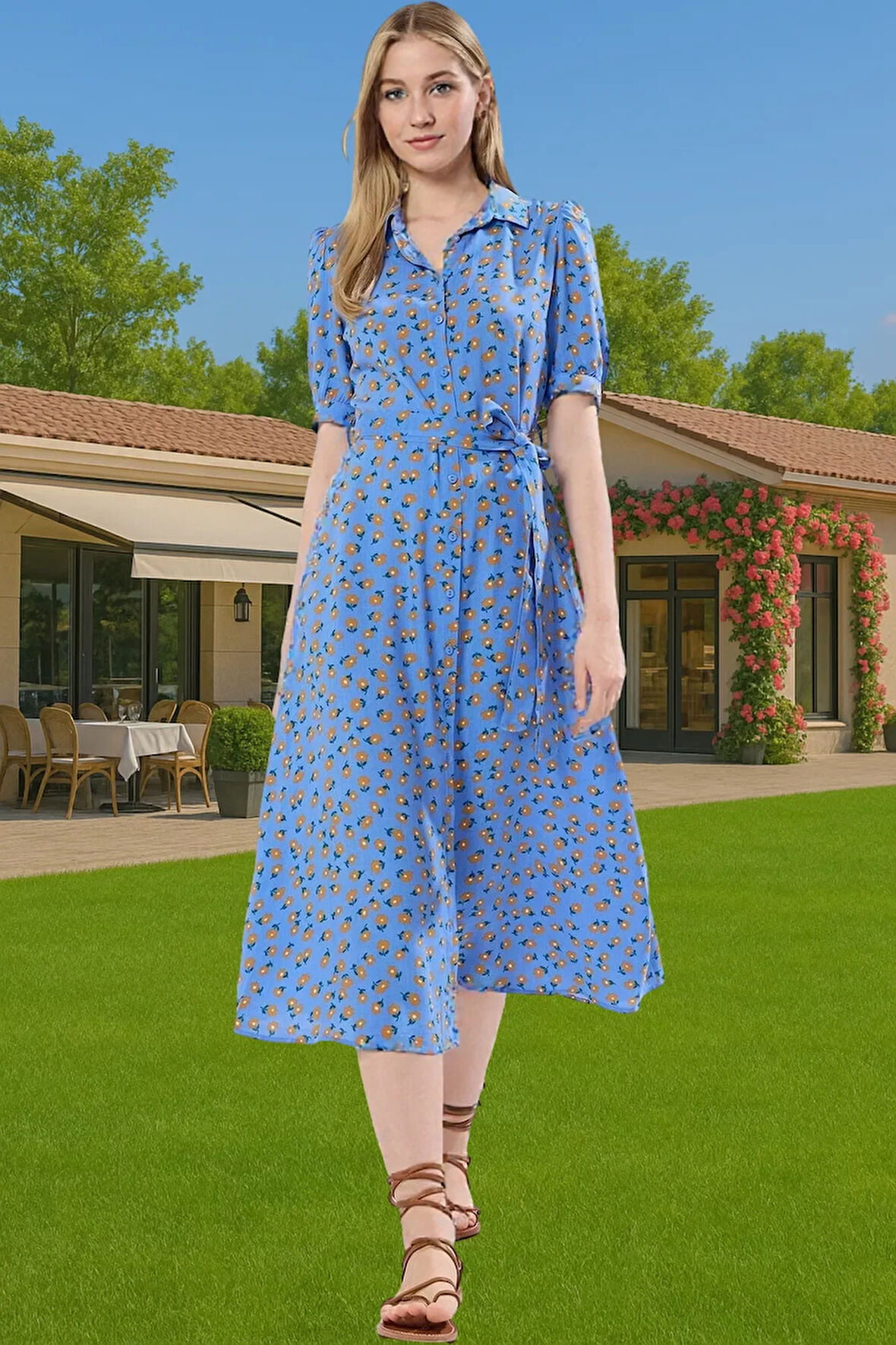 Kadın Midi Boy Gömlek Elbise Animal Desenli Viskoz Kumaş Günlük Stil Modern Stil