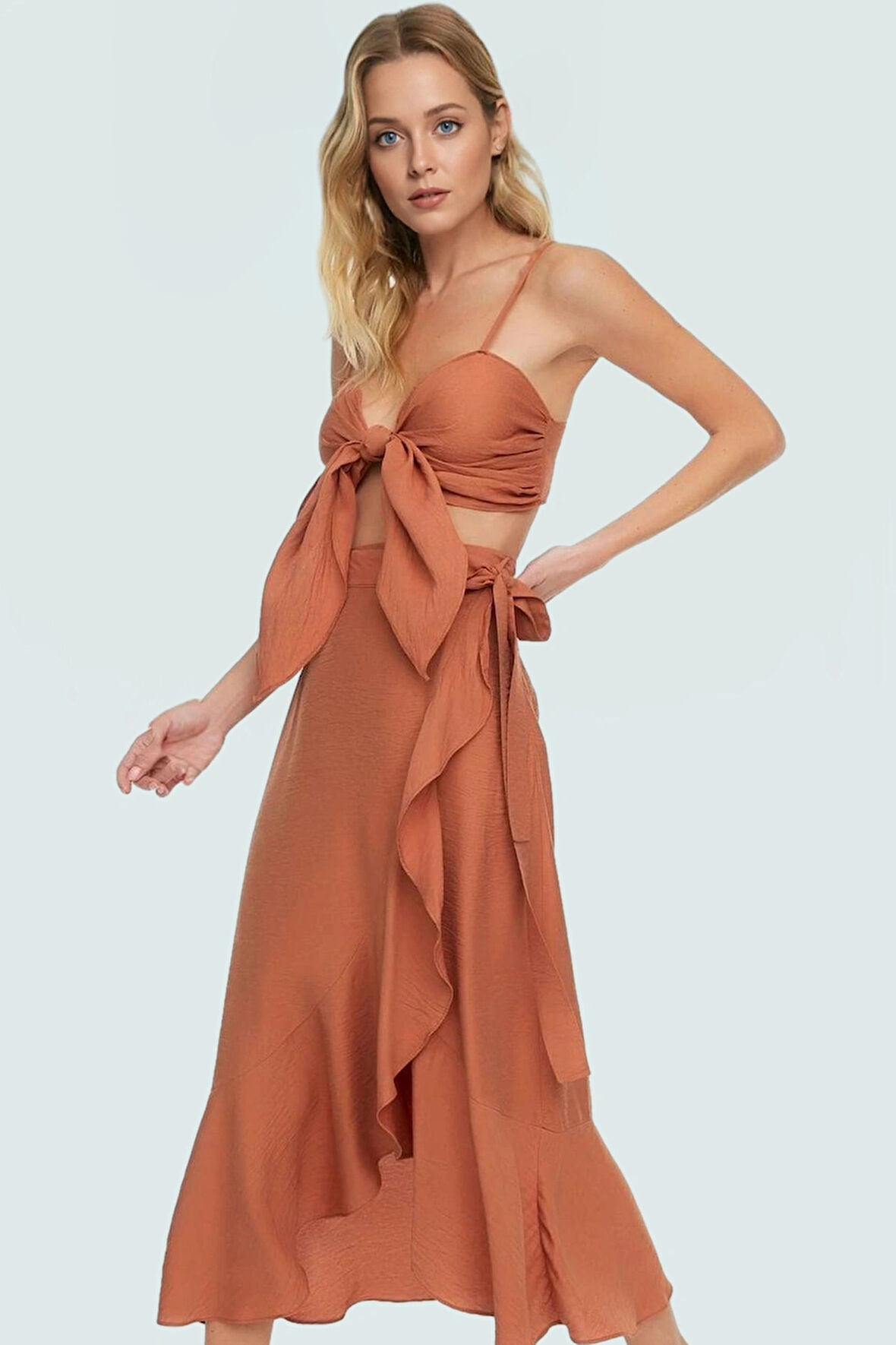 Kadın Tarzı Yazlık Volanlı Bluz Etek Takım Rahat Viskoz Kumaş Plaj Profesyonel Görünüm