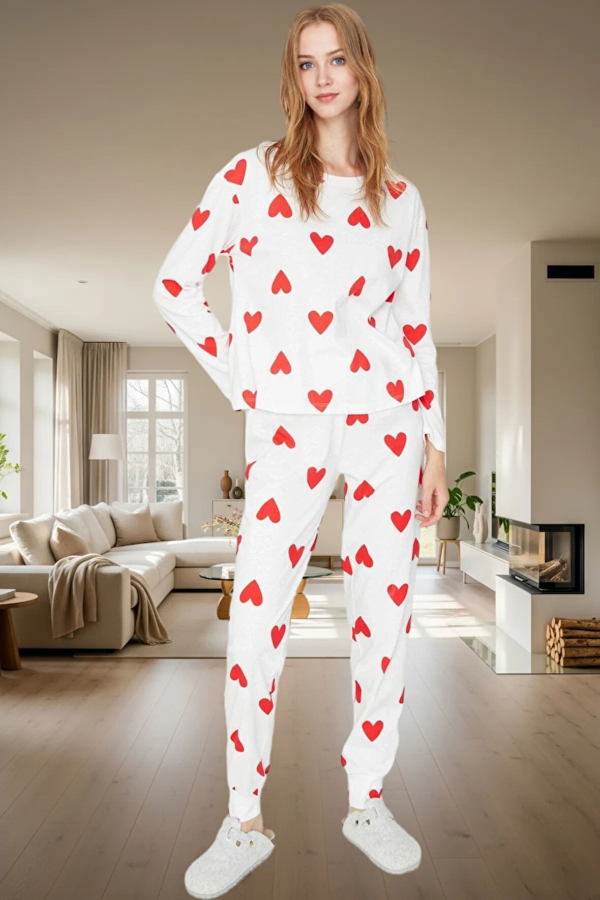 Kadın Kalpli Desenli Pamuklu Pijama Takımı Kış Mevsimi İçin Rahat Uyku Konforlu Kesim