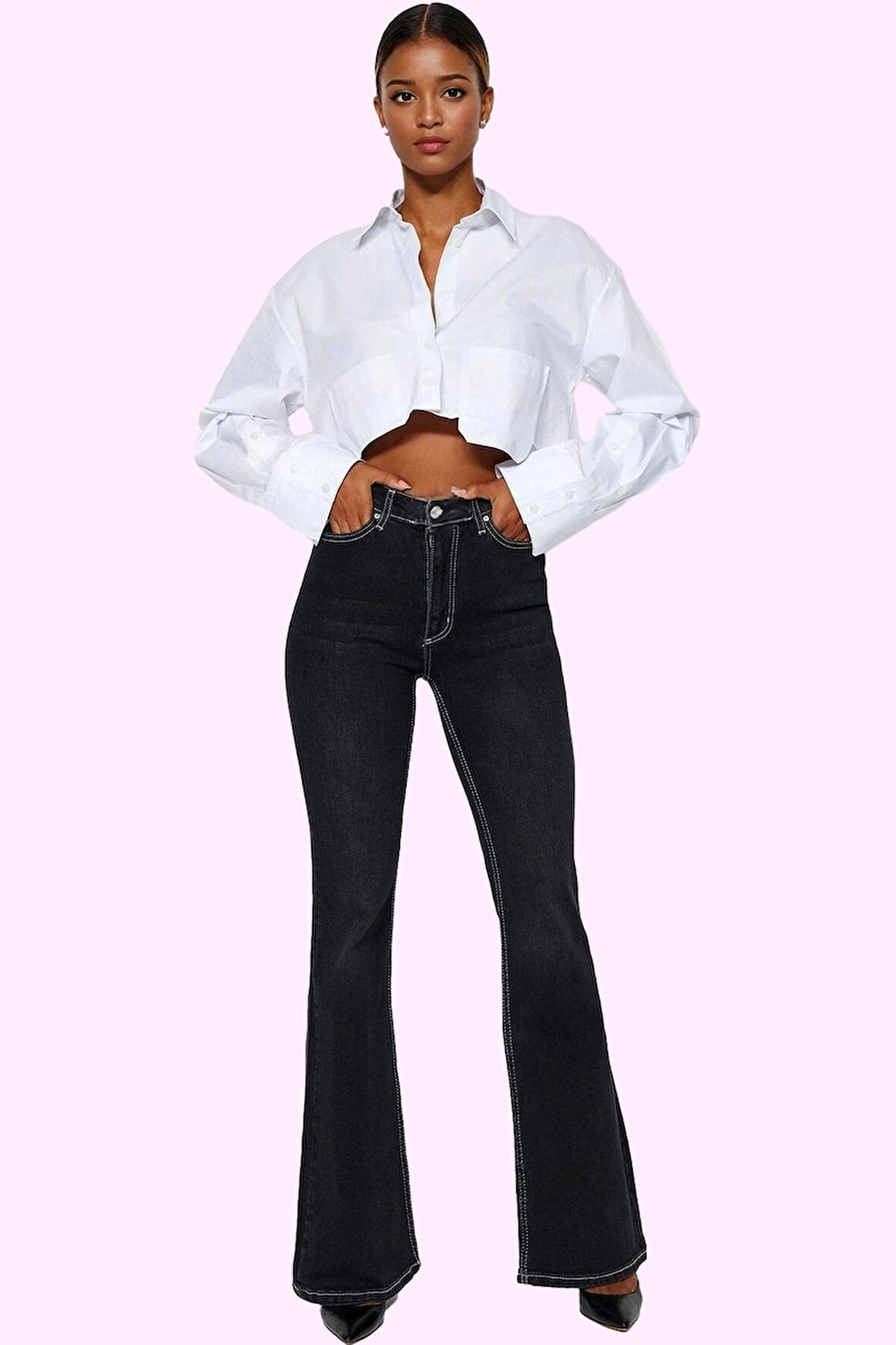 Kadın Yüksek Bel Flare Jean Denim Günlük Kombinler İçin Hafta Sonu Yaz Aylarının Vazgeçilmezi