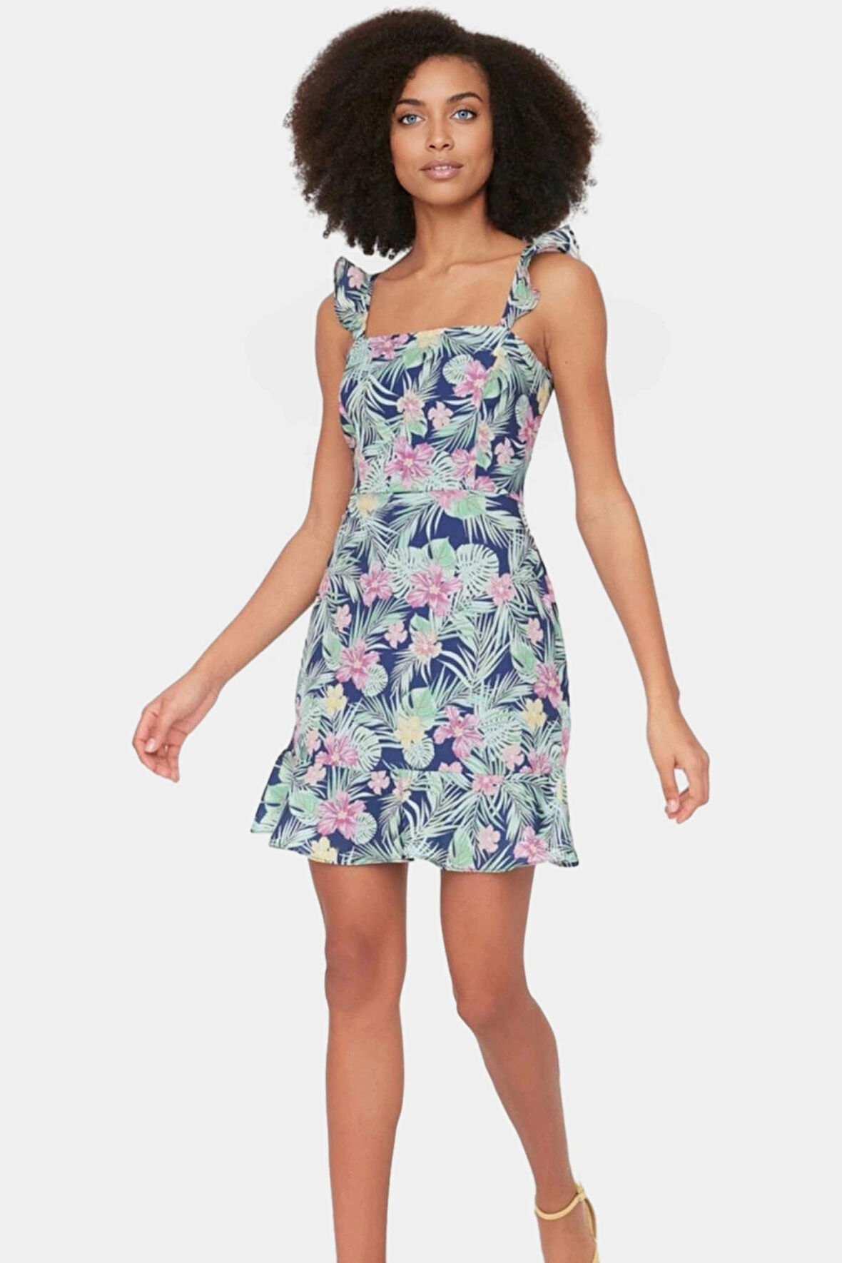 Çiçekli Mini A Line Elbise Moss Krep Dokuma Polyester Yazlık Şık Rahat Ve Dayanıklı Malzeme