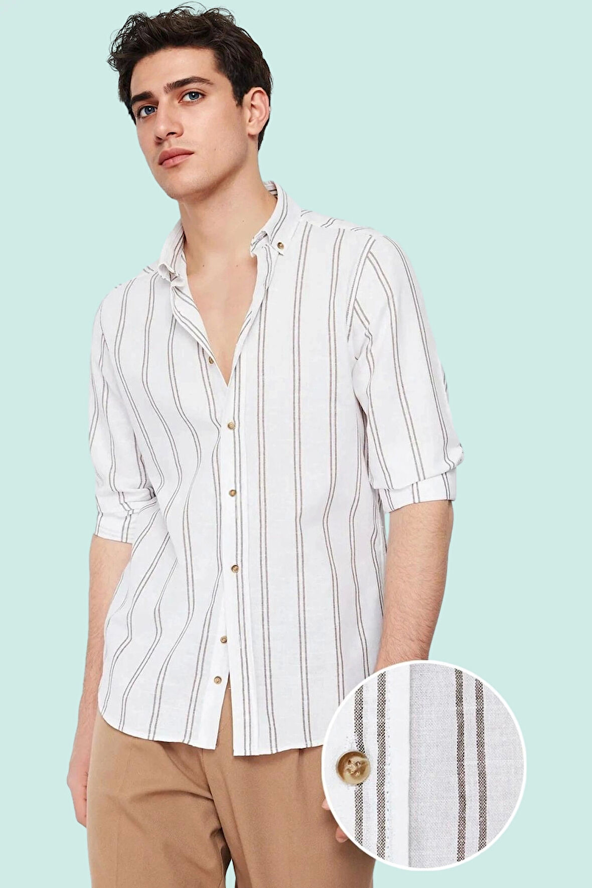 Erkek Slim Fit İnce Çizgili Gömlek Yaka Düğmeli Uzun Kollu Günlük Yaz Aylarının Vazgeçilmezi