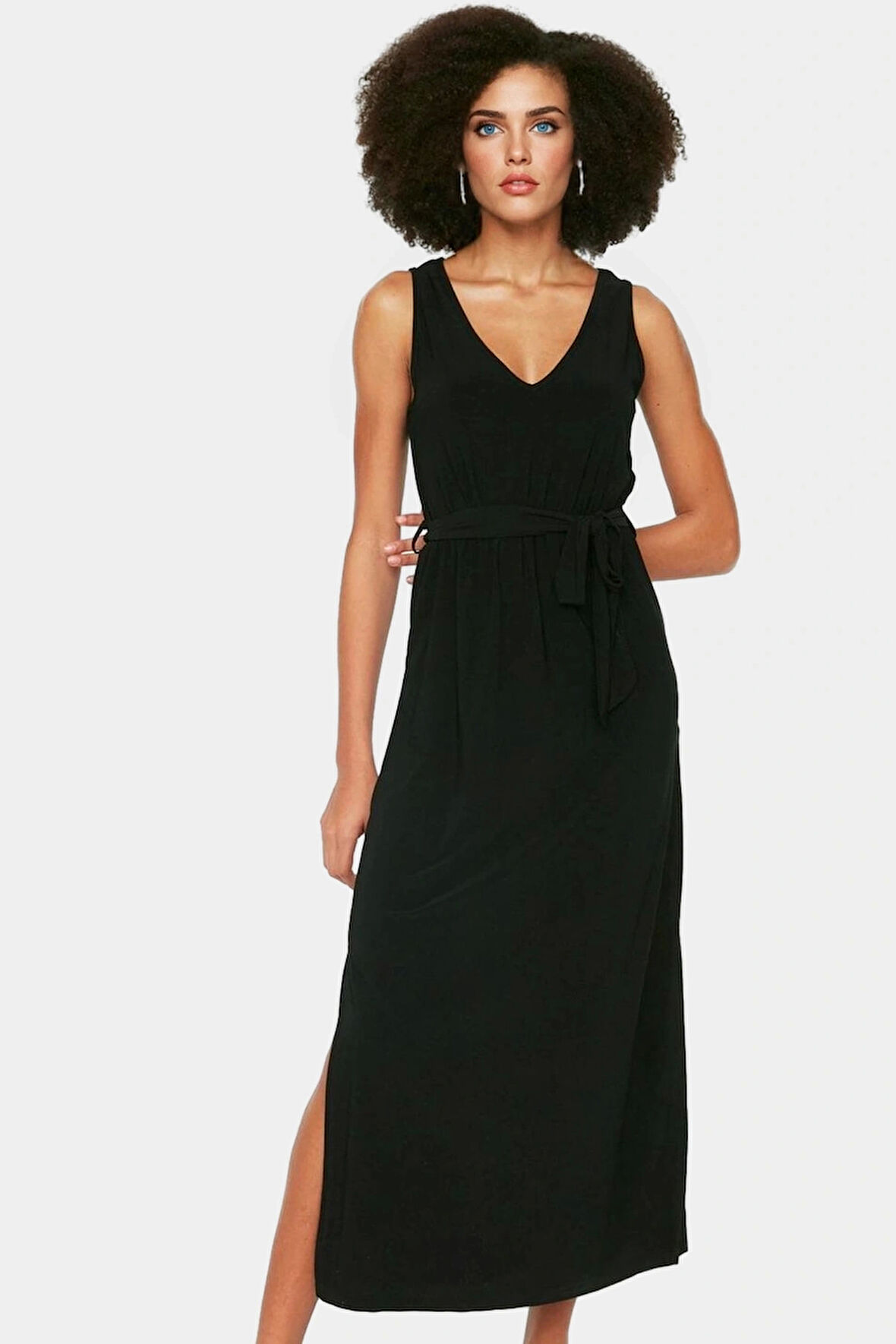 Yazlık Midi A Line V Yaka Örme Elbise Günlük Kullanım Trend Tasarım Modern Stil