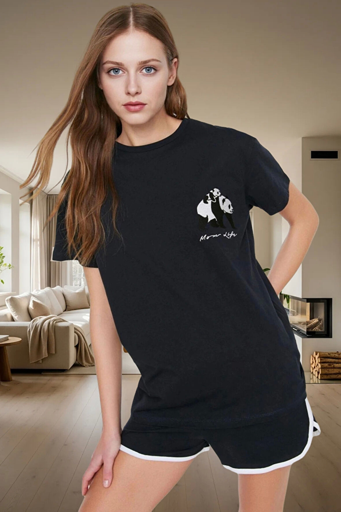 Kadın Panda Baskılı Pamuklu Kısa Kollu Pijama Takımı Rahat Yazlık Homewear Mükemmel Uyum