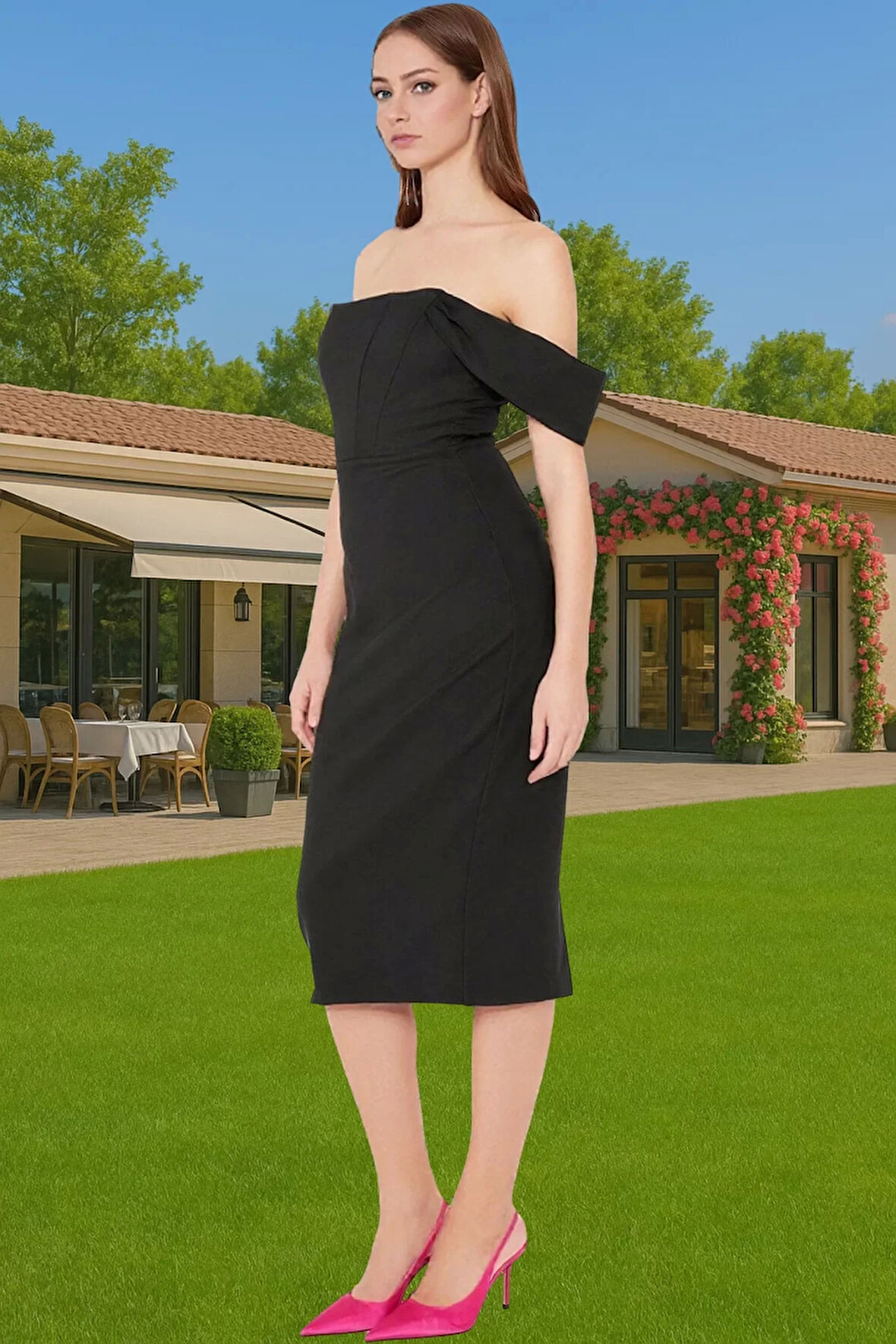 Leopar Desenli Midi Boy Bodycon Abiye Elbise Polyester Karışımlı Yazlık Yüksek Kalite Seçkin Malzeme
