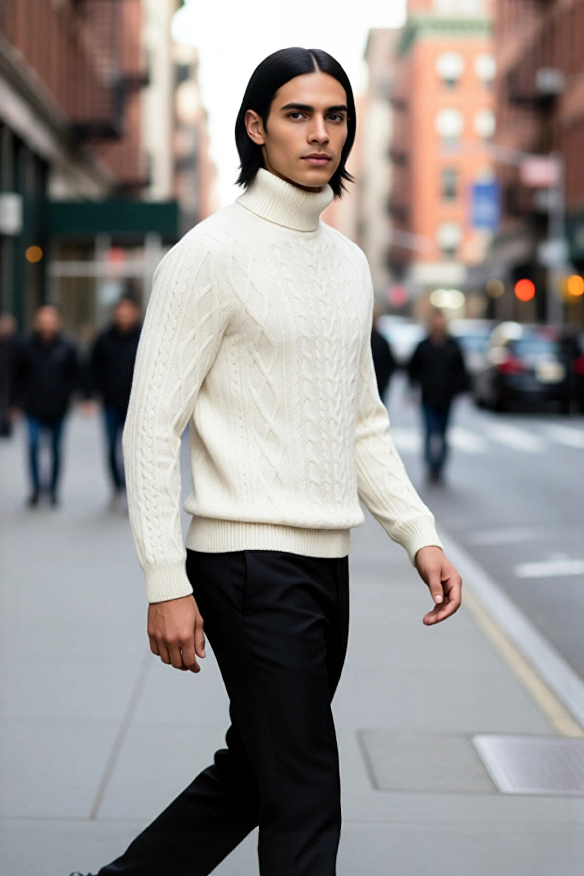 Erkek Fitted Kalıp Triko Balıkçı Yaka Saç Örgü Desenli Kalın Standart Kol Günlük Şık Kazak