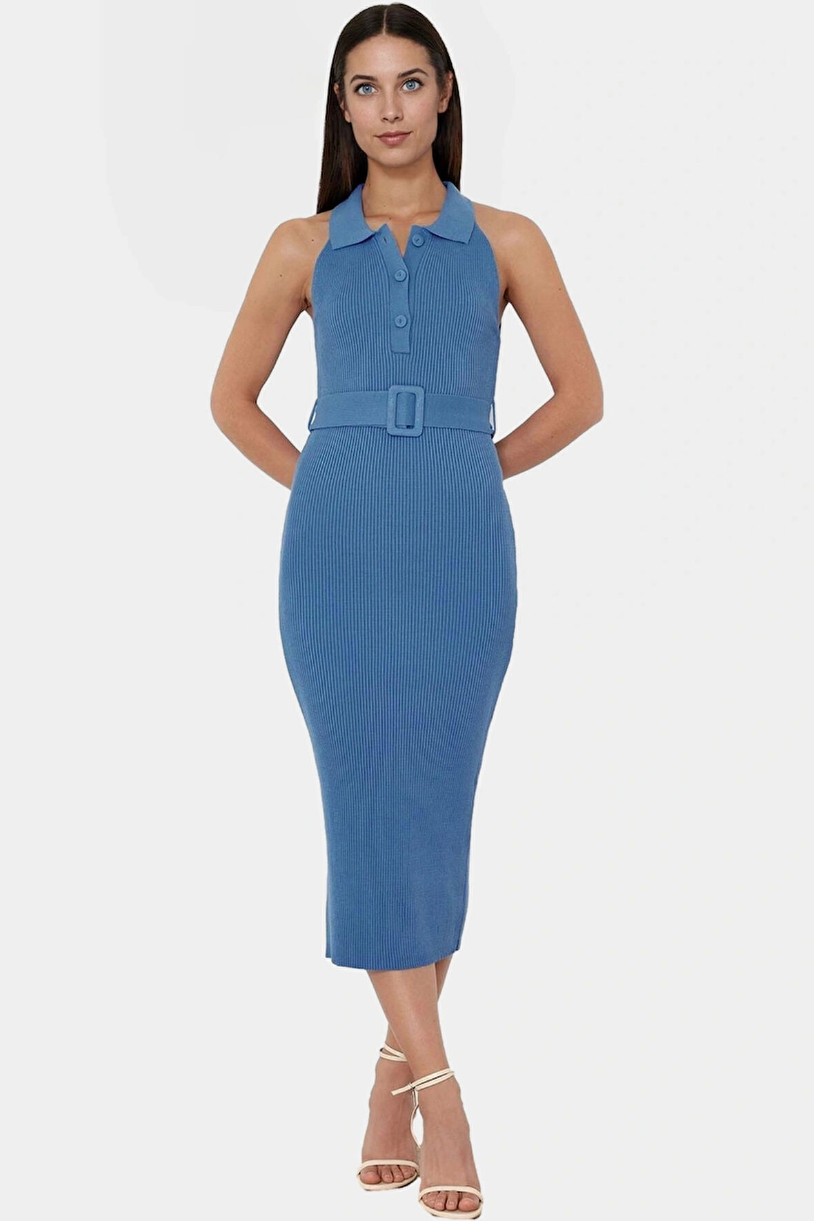 Kadın Triko Midi Elbise Kemerli Bodycon Slim Kalıp Günlük Kullanım İçin