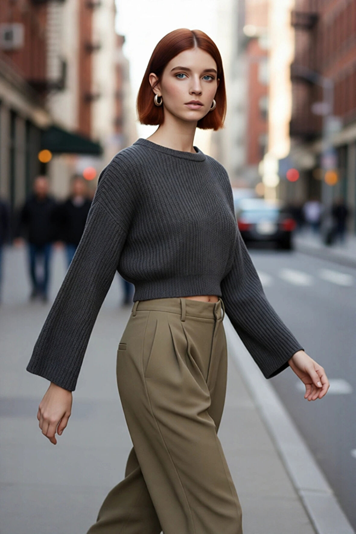 Kadın Oversize Gri Akrilik Selanik Dokuma Super Crop İspanyol Kol Triko Kazak Günlük Stilinize