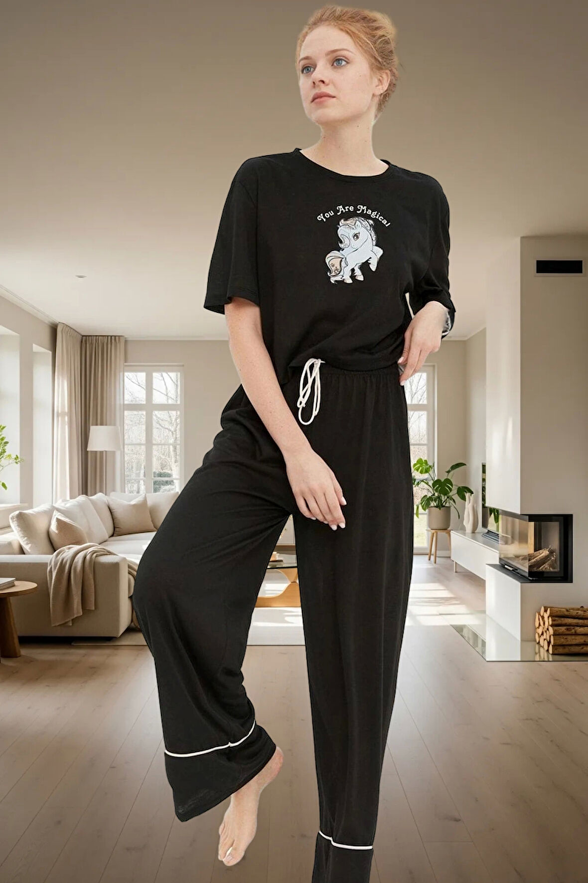 Kadın Melanj Pamuklu Pijama Takımı Unicorn Baskılı Rahat Ve Şık Günlük Kullanım İçin