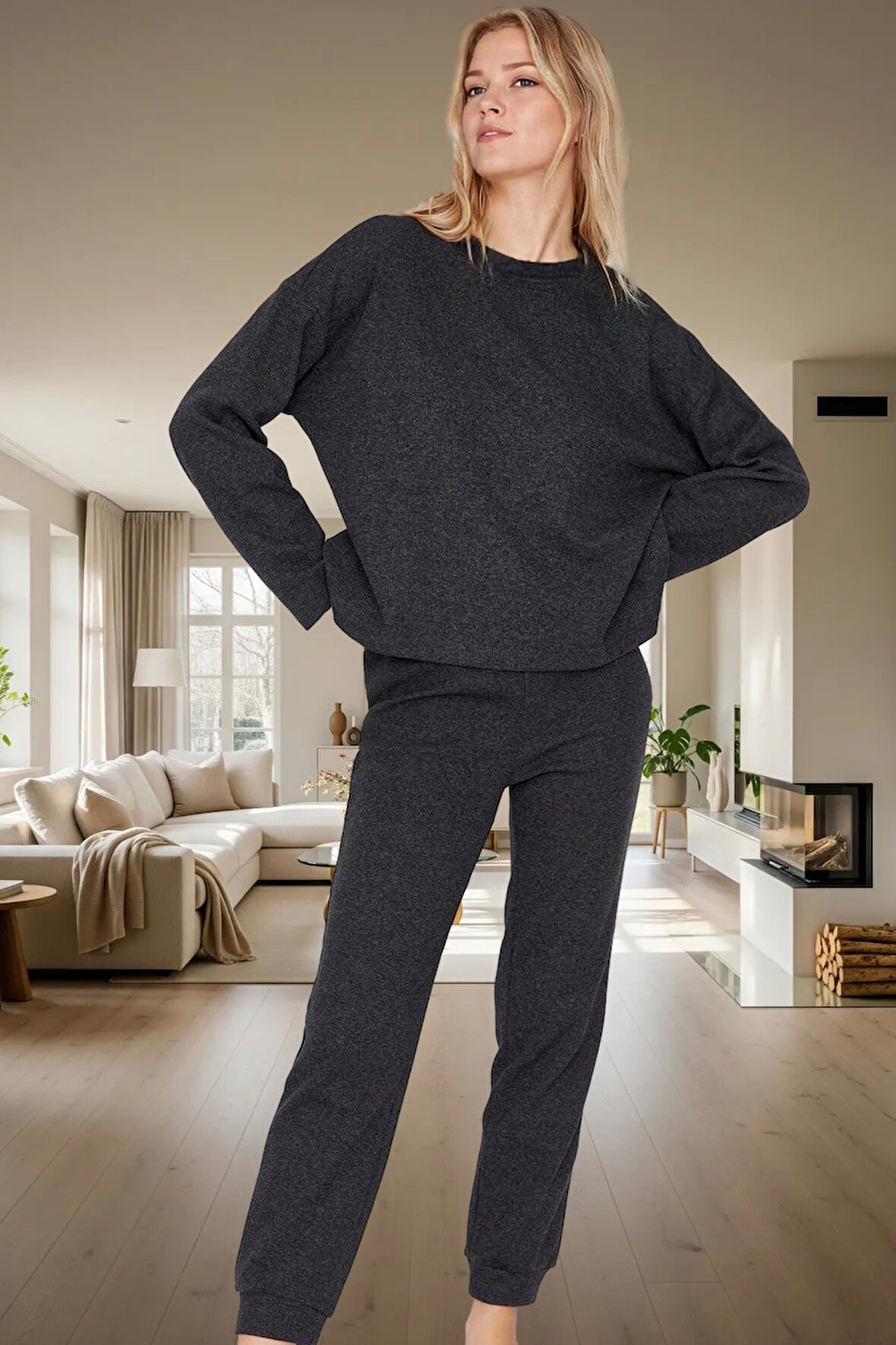 Kadın Kışlık Waffle Kumaş Pijama Takımı Regular Kalıp Pamuklu 2'li Set Konforlu Kesim