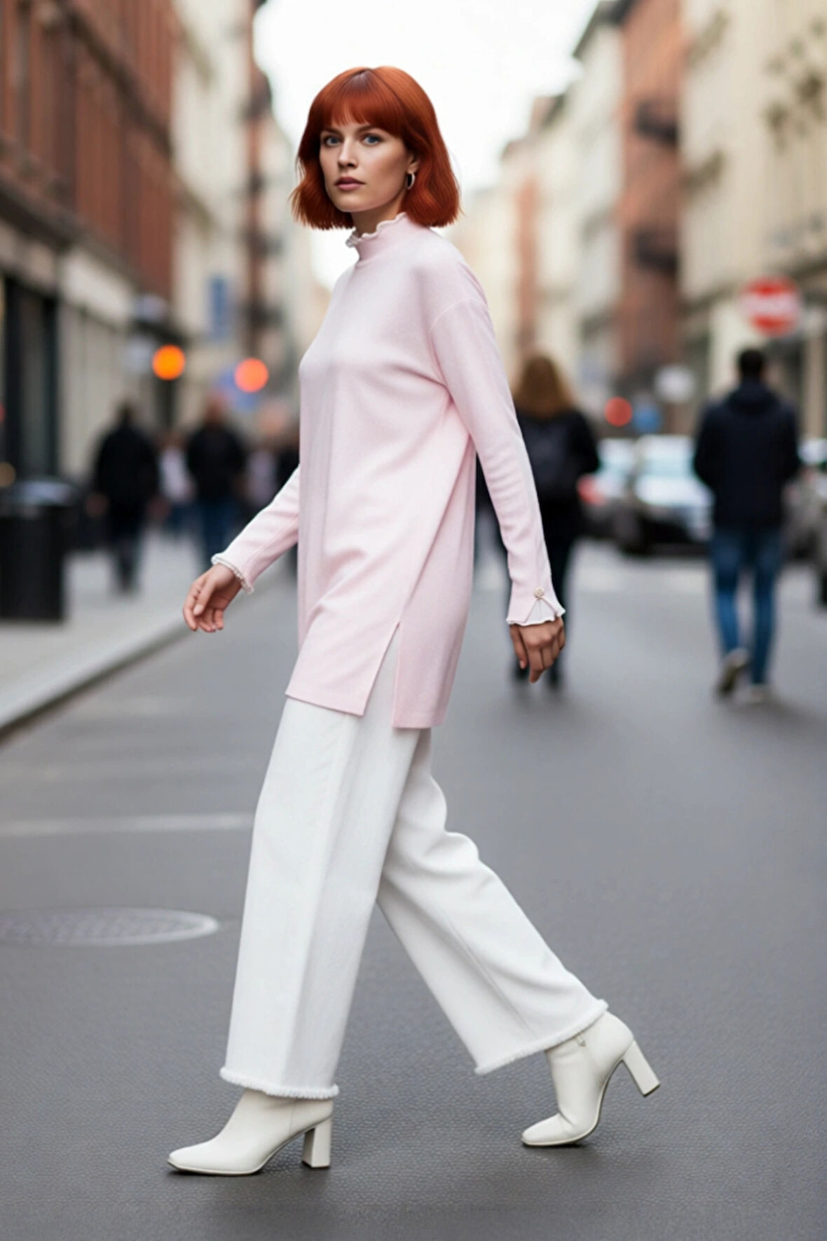 Kadın Regular Kalıp Bisiklet Yaka Düşük Kol Dantel İnci Detaylı Triko Pike Dokuma Tunik Kazak Modeli