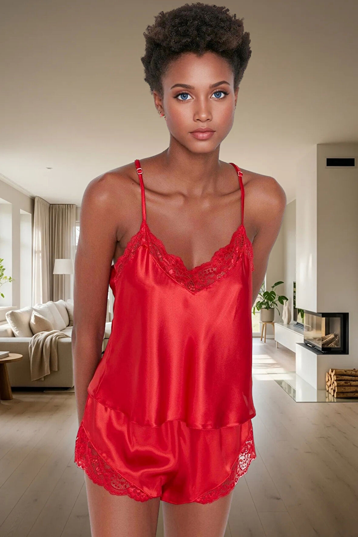 Kadın Saten Pijama Takımı İnce Askılı Dantelli Şortlu Rahat Konforlu Kesim Özel Tasarım