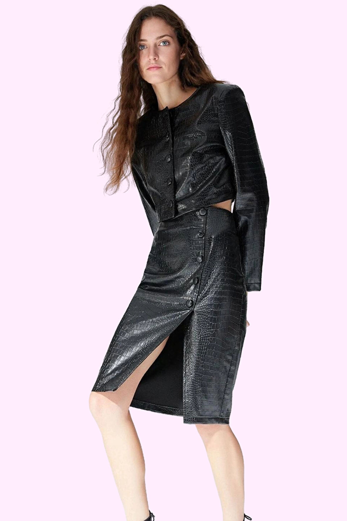 Kadın Yüksek Bel Kalem Etek Suni Deri Midi Boy Şık Gece Günlük Kullanım Yaz Aylarının Vazgeçilmezi