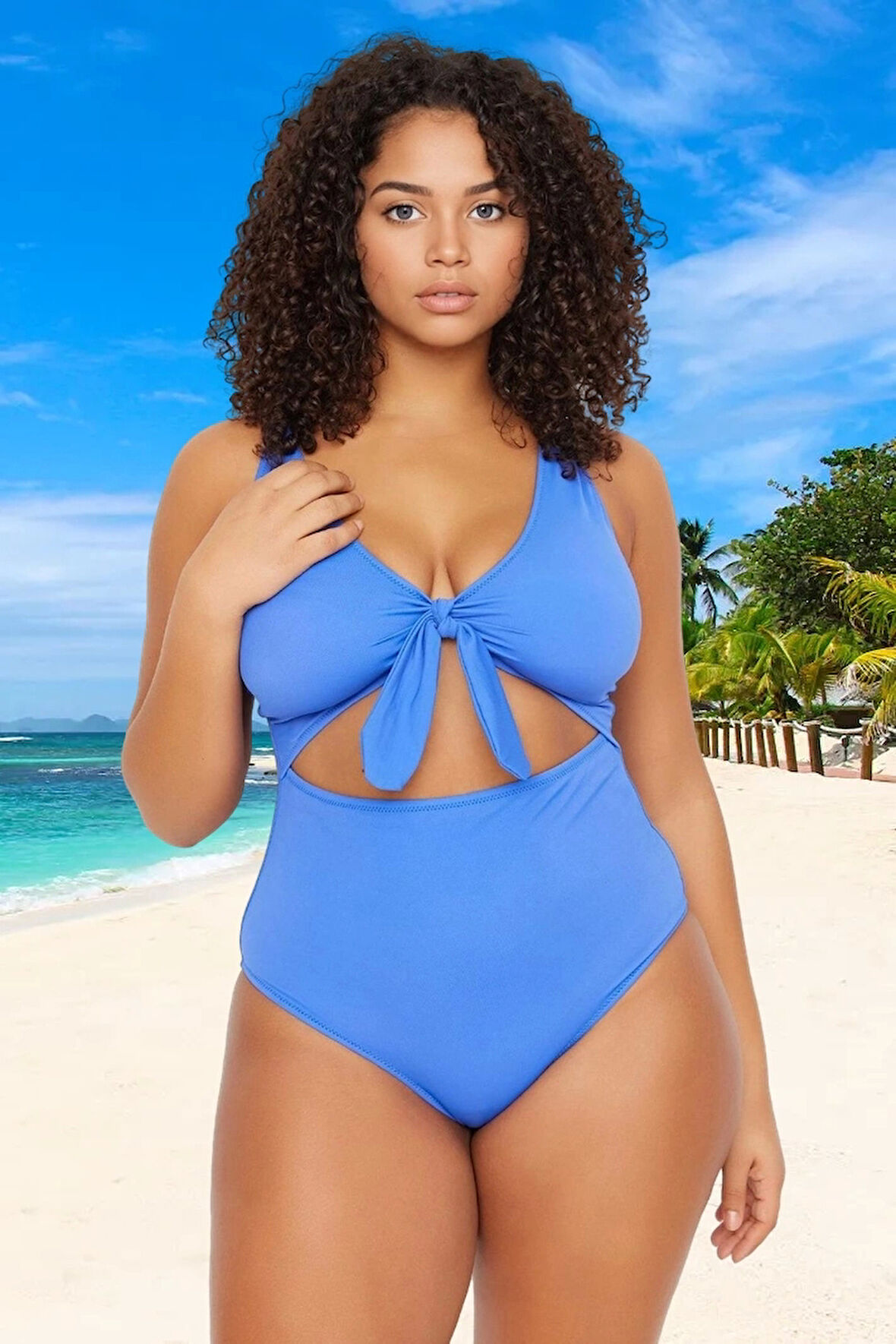 Konforlu Kaplı Derin V Yaka Rahat Kesim Büyük Beden Mayo Geniş Deniz Kıyafeti