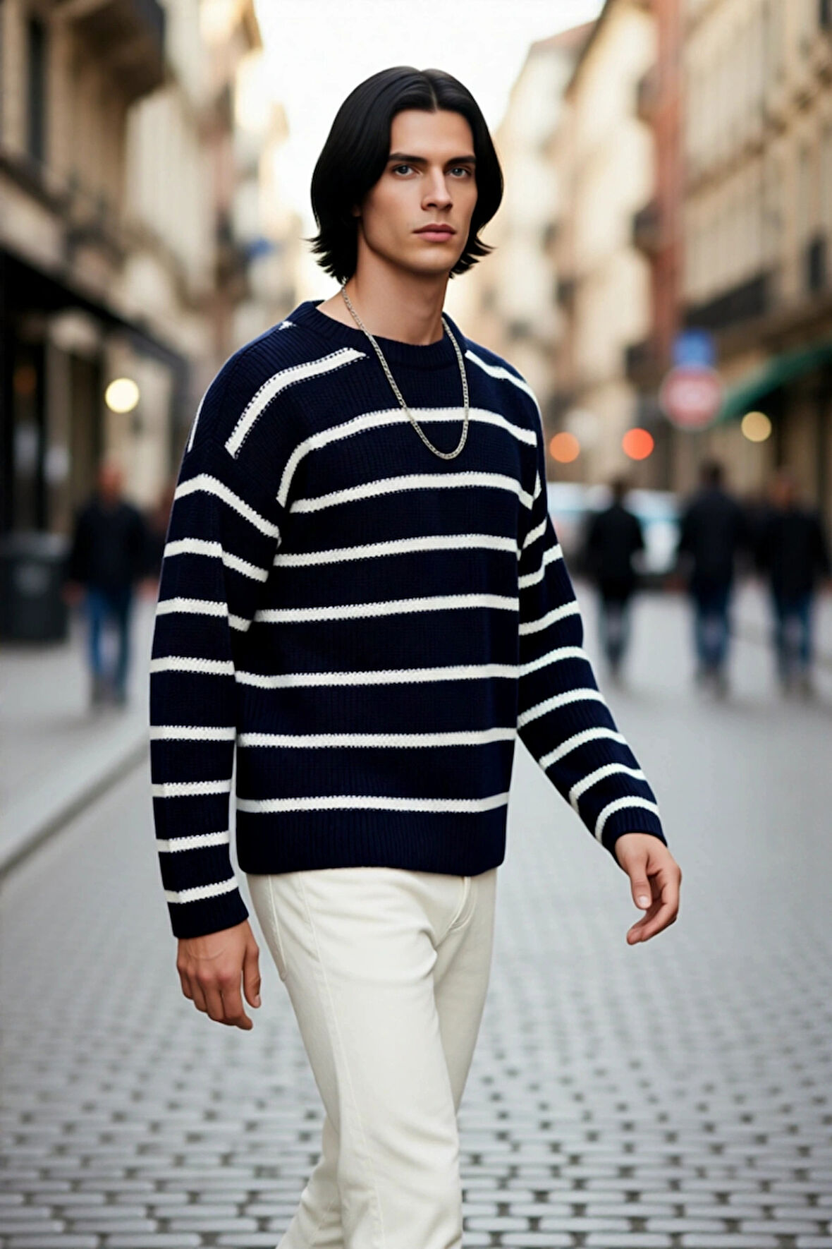 Erkek Oversize Bisiklet Yaka Çizgili Selanik Dokuma Kalın Akrilik Kışlık Kazak Konforlu Stil