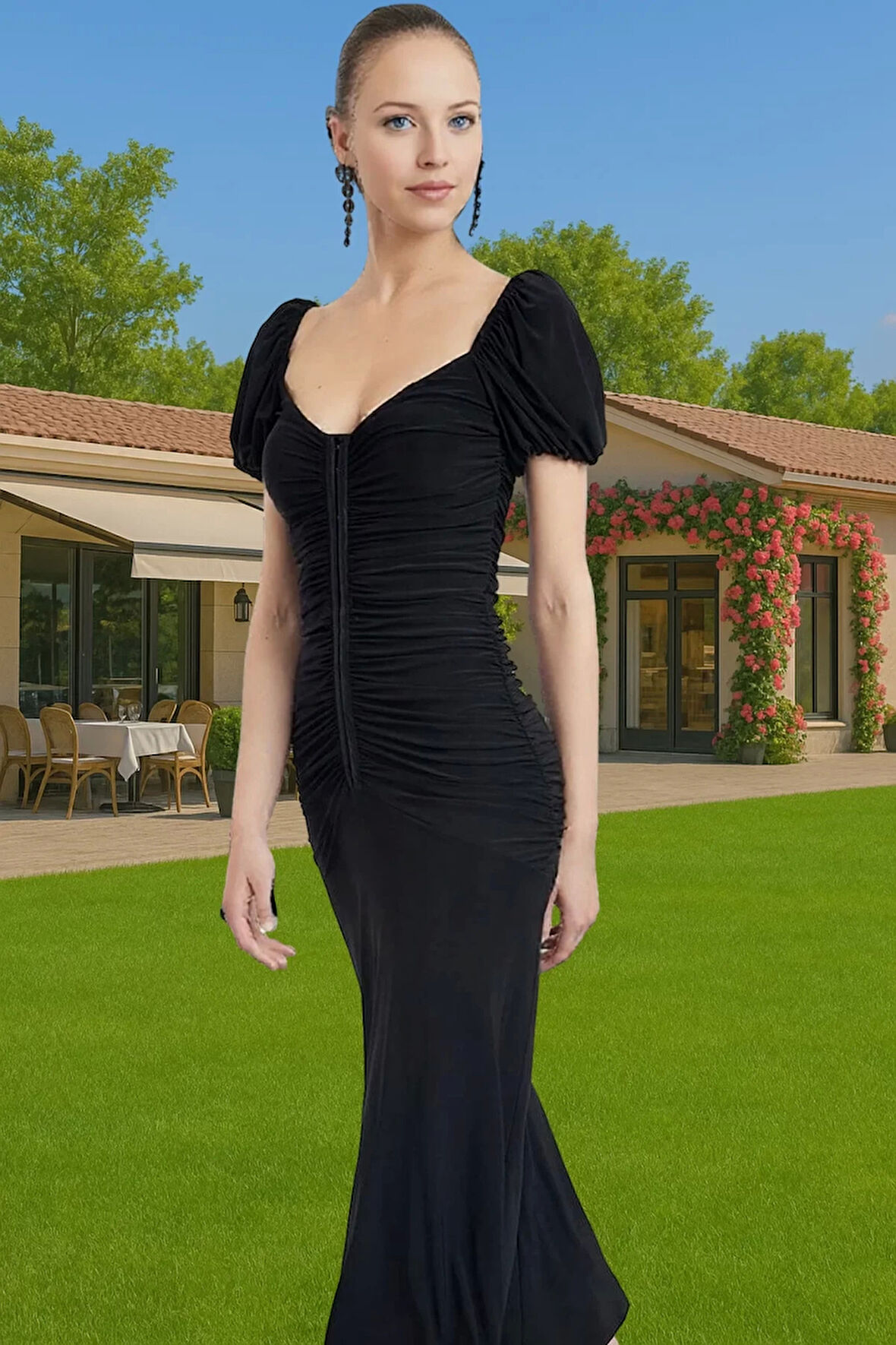 Şık Agraflı Midi Örme Elbise Dar Kalıp Polyester Yazlık Modern Stil Şık Görünüm Zarifane Tasarım