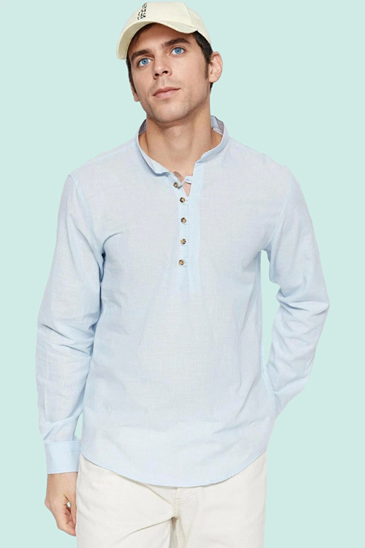 Erkek Slim Fit Hakim Yaka Pamuklu Keten Görünümlü Gömlek Günlük Kullanım Dayanıklı Malzeme