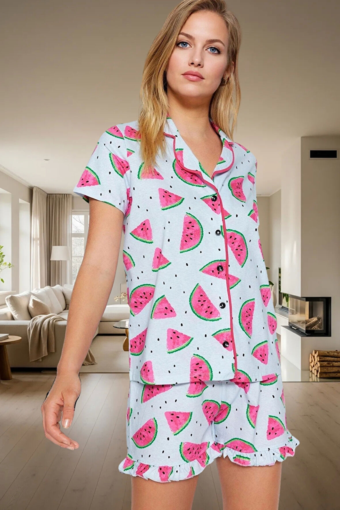 Kadın Karpuz Desenli Pamuklu Kısa Kollu Pijama Takımı Rahat Ev Giyim Seti Dayanıklı Malzeme