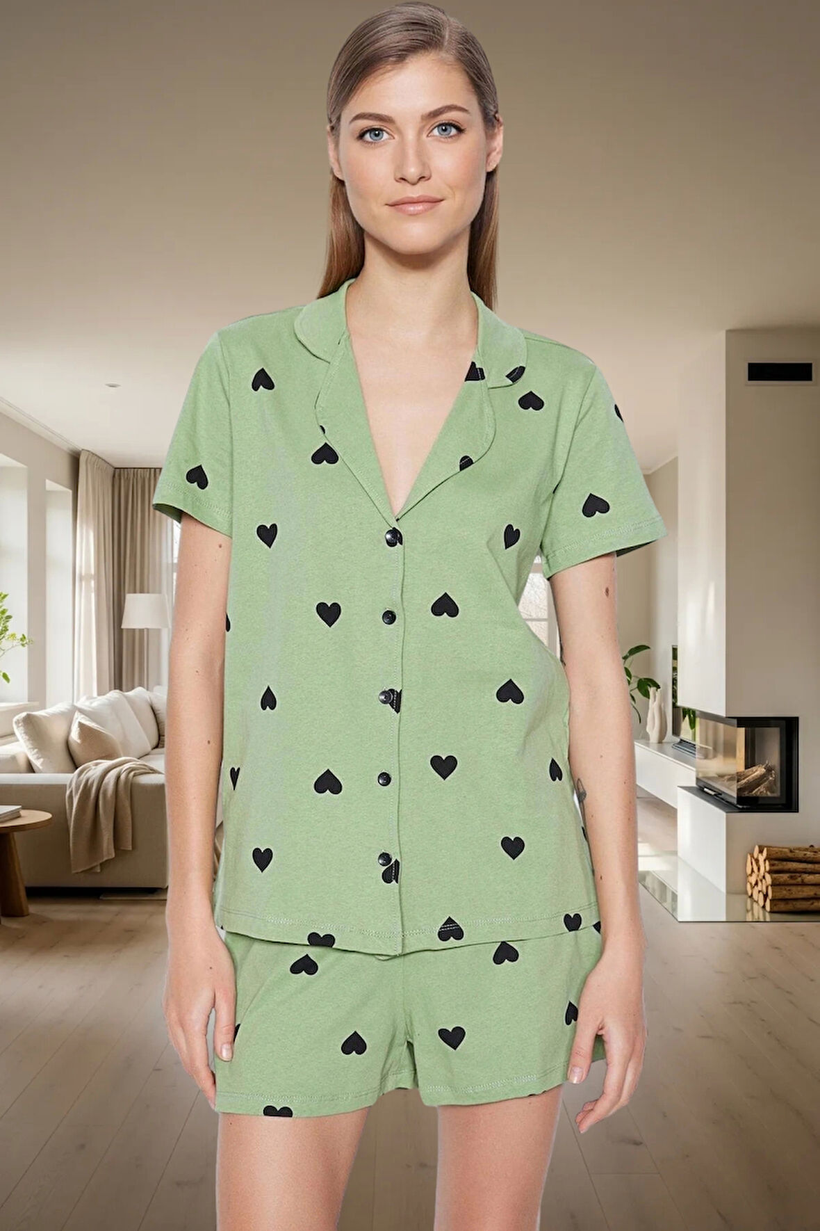 Kadın Kalpli Desenli Pamuklu Kısa Kollu Pijama Takımı Rahat Ev Giyim Seti Profesyonel Görünüm