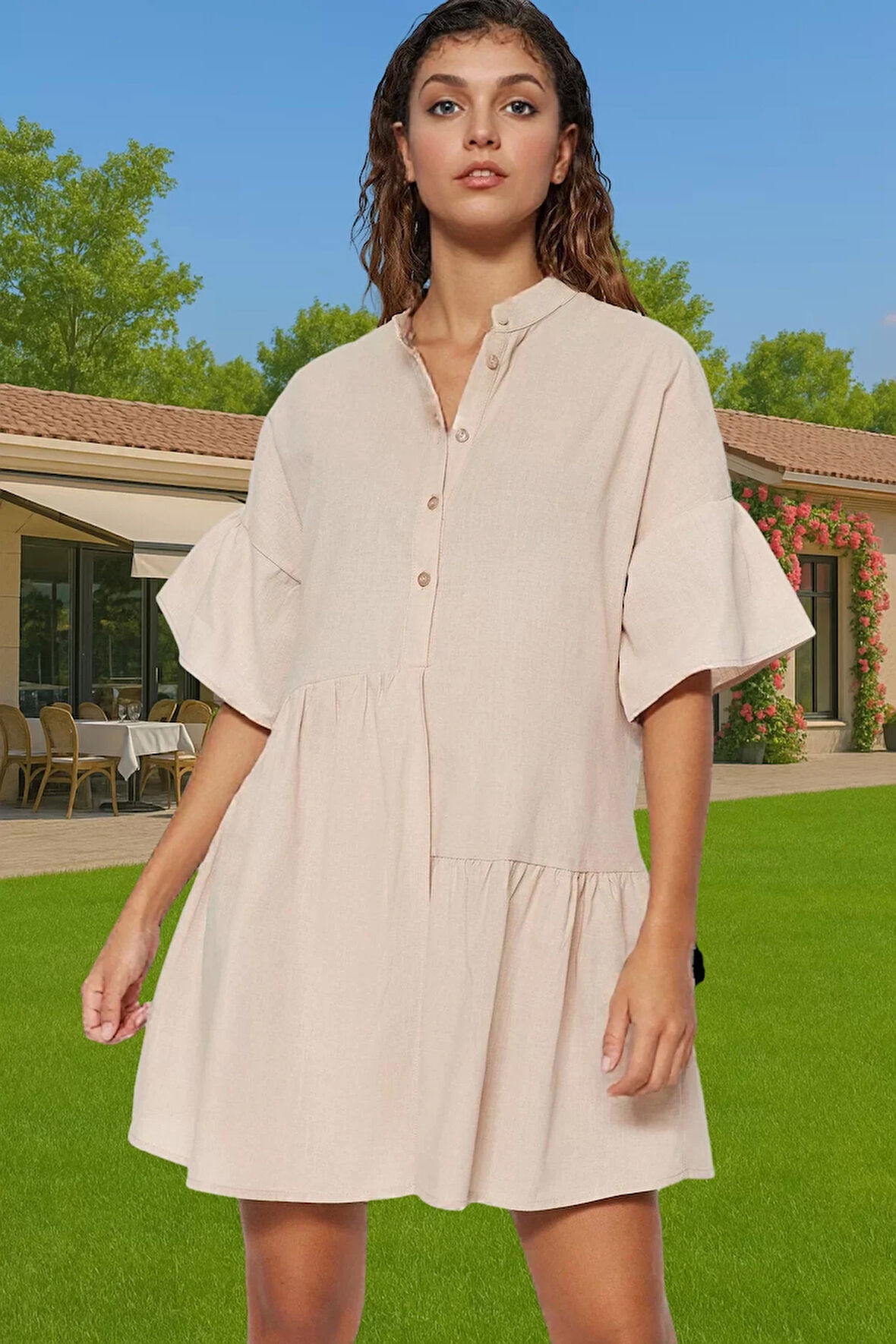 Kadın Pamuklu Mini Plaj Elbisesi Geniş Kalıp Yazlık Kıyafet Yüksek Kalite Premium Kalite Şık Görünüm