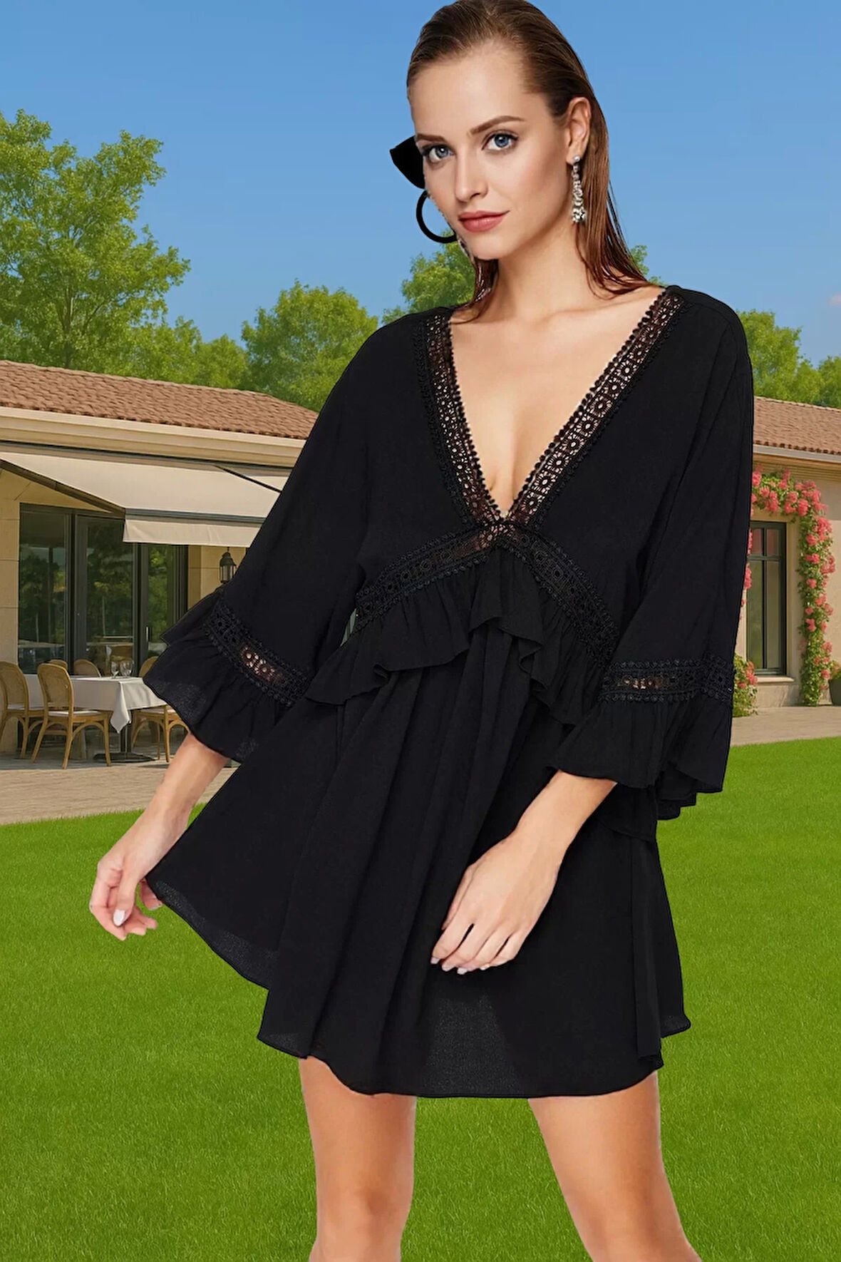 Kadın Mini Plaj Elbisesi V Yaka Büzgülü Kol Crinkle Dokuma Yazlık Zarifane Tasarım Modern Stil