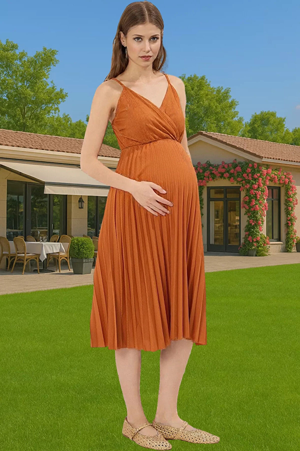 Pileli Midi Elbise Polyester Örme Yazlık Günlük Şık Özenle Seçilmiş Modern Stil Zarifane Tasarım