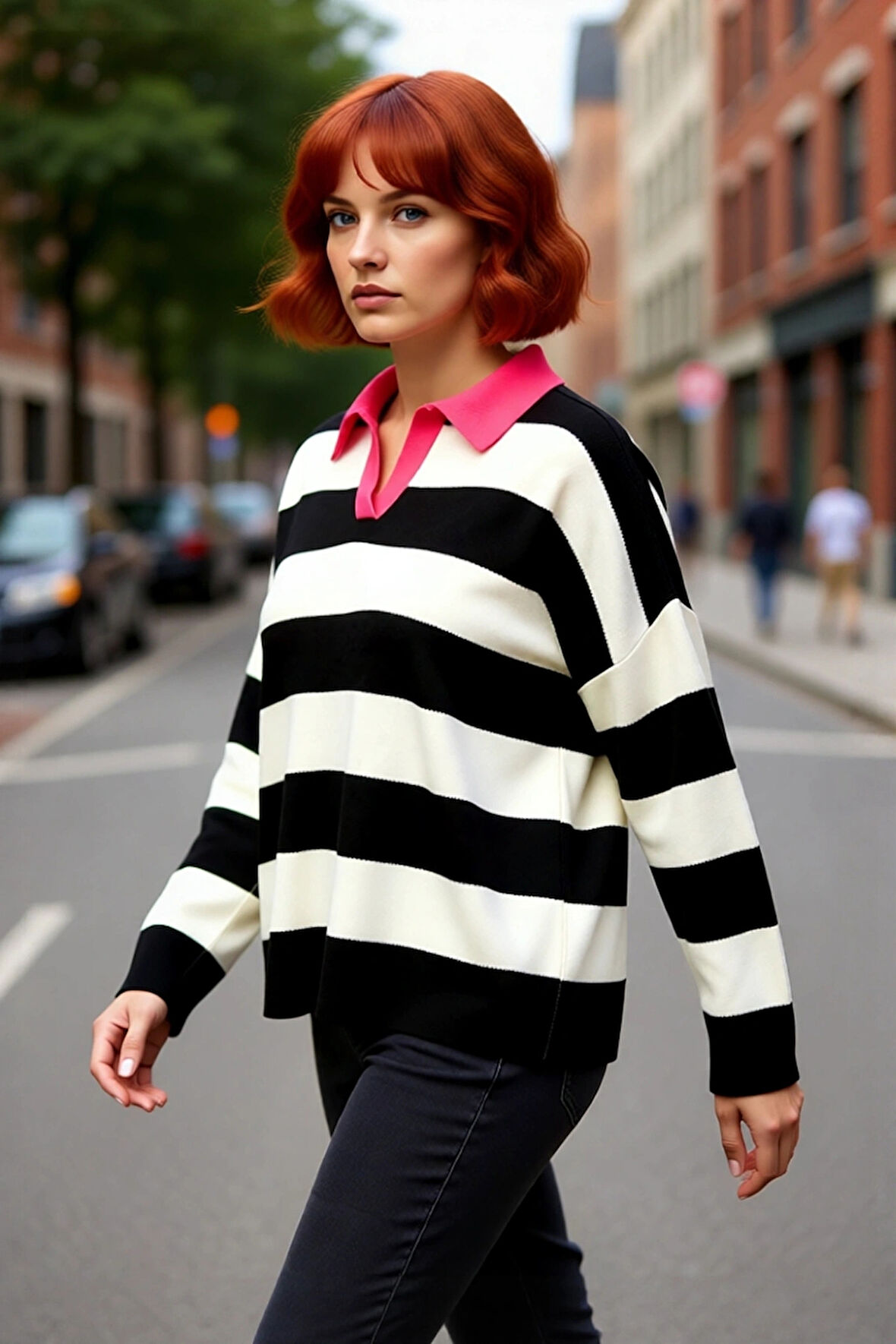 Kadın Relaxed Kesim Polo Yaka Çizgili Triko Kazak Düşük Kol Rahat Giy Çift Plaka Dokuma Uzun