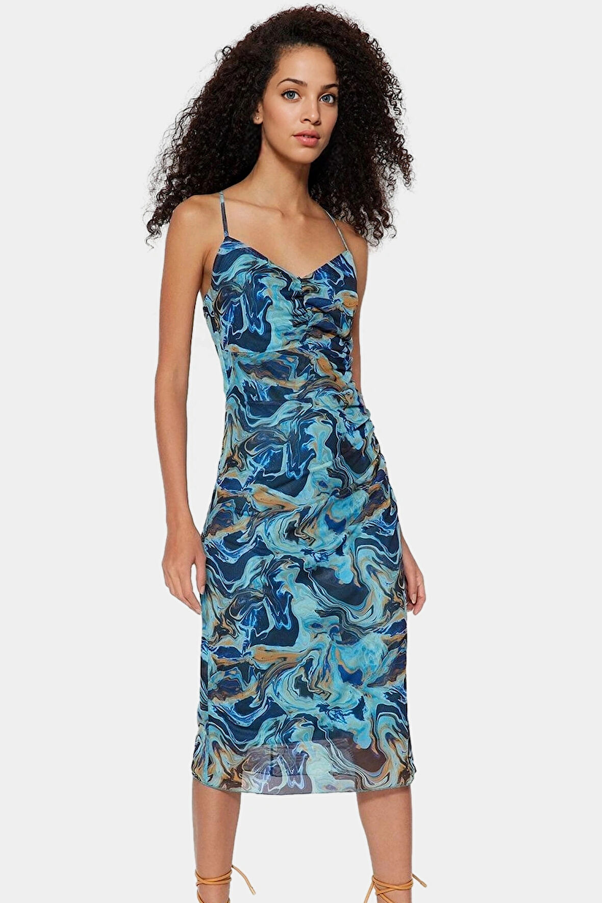 Şık Desenli Bodycon Midi Elbise İnce Askılı Örme Tül Kumaş Profesyonel Görünüm